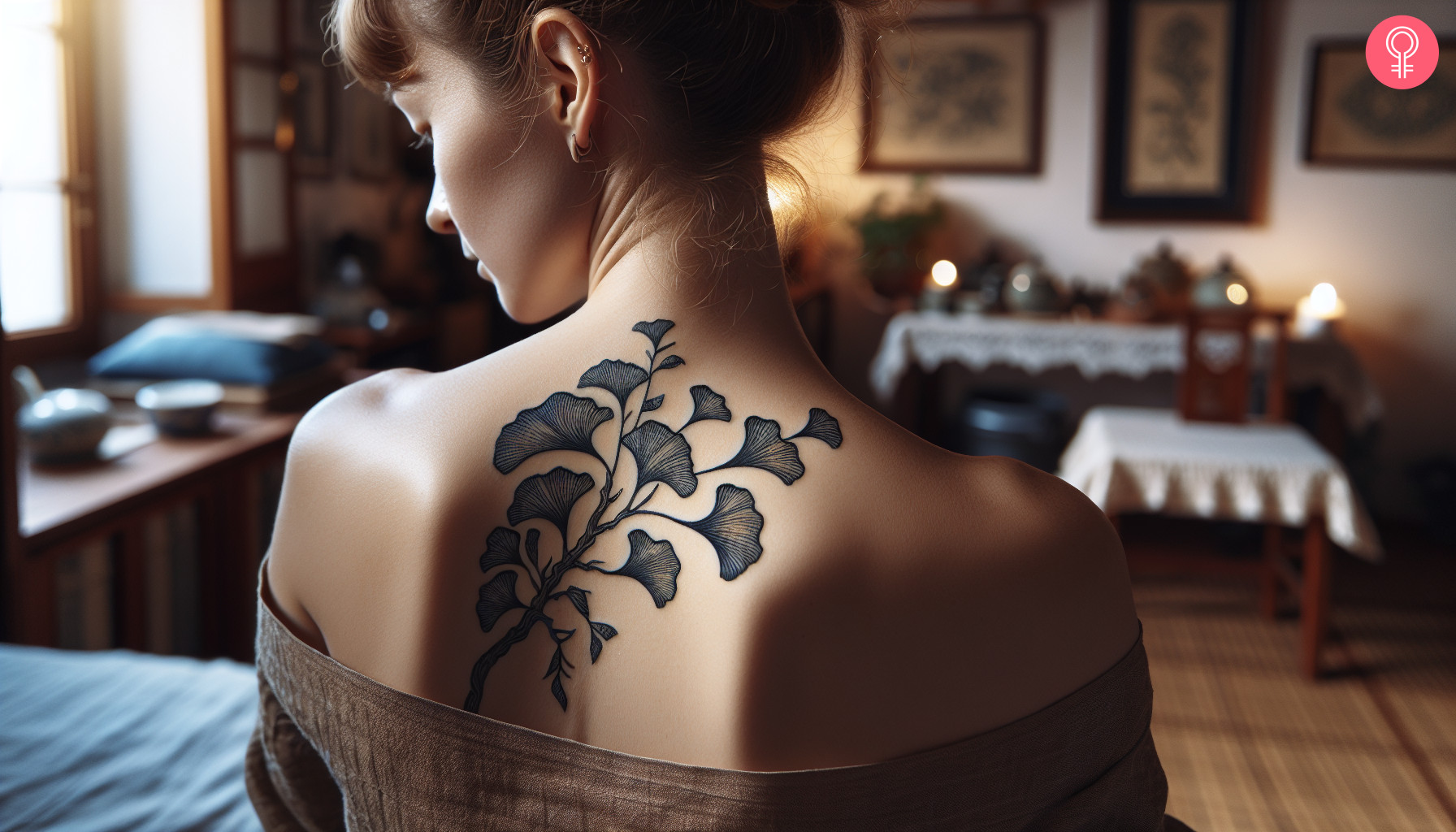 A woman with a Ginkgo branch and leaves tattoo on her shoulder