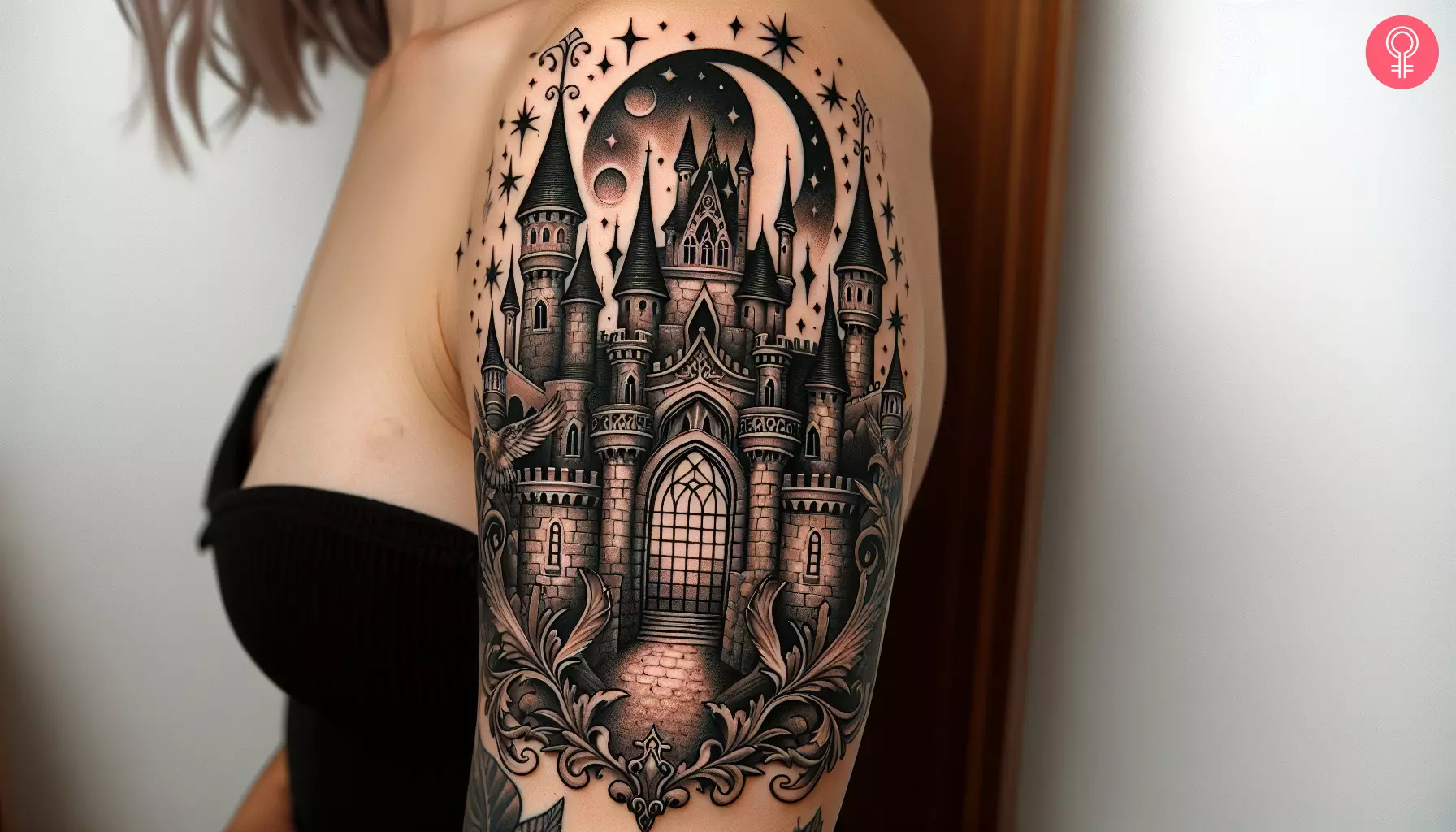 A woman with a Harry Potter castle tattoo on her upper arm