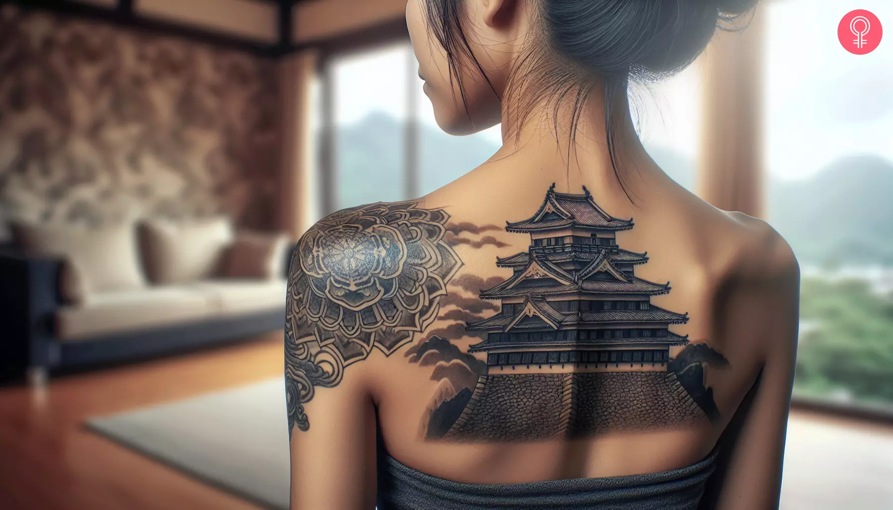 A woman with a Japanese-style black castle tattoo on her upper back