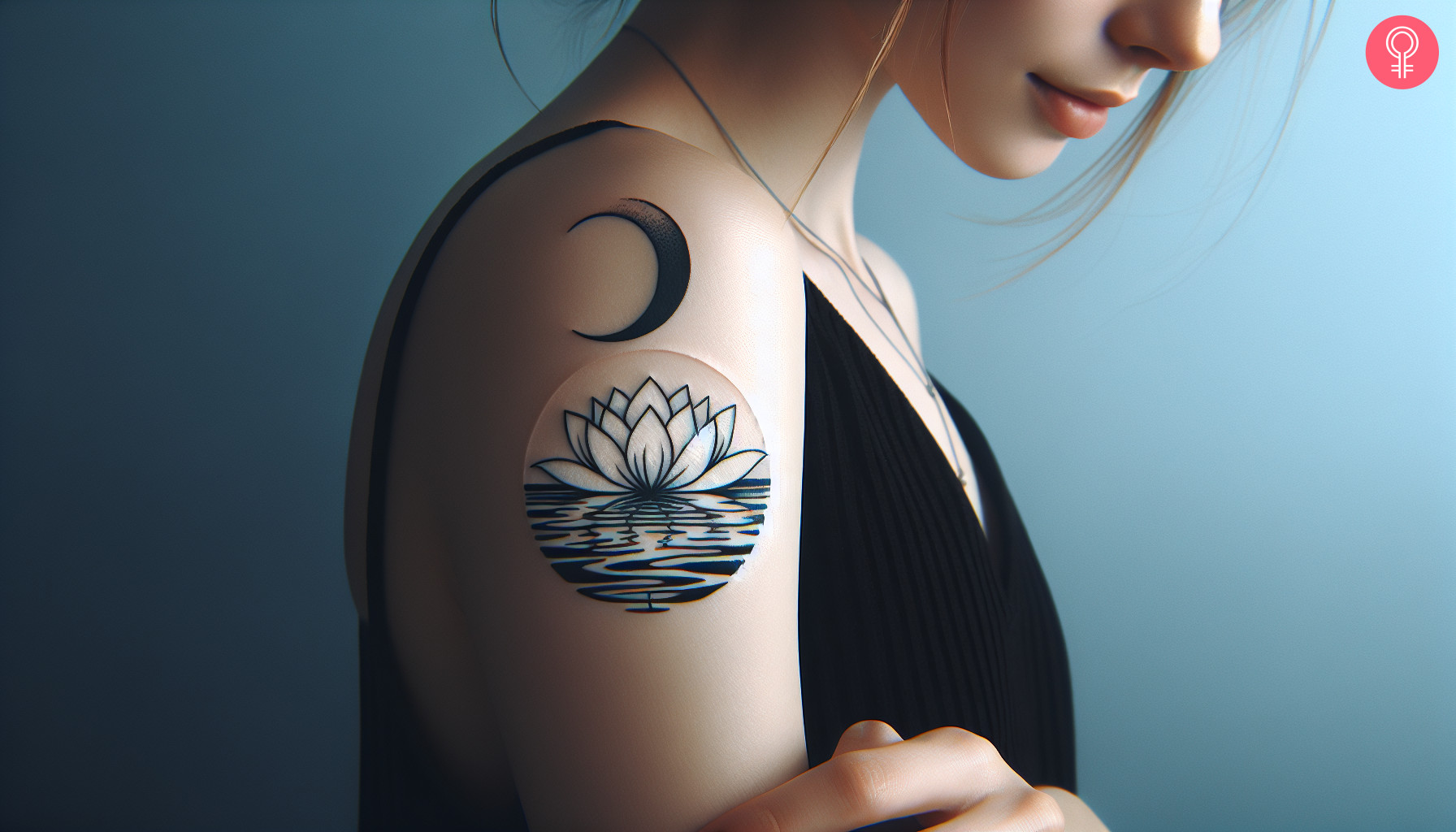 A woman with a black and white water lily and moon tattoo on her upper arm