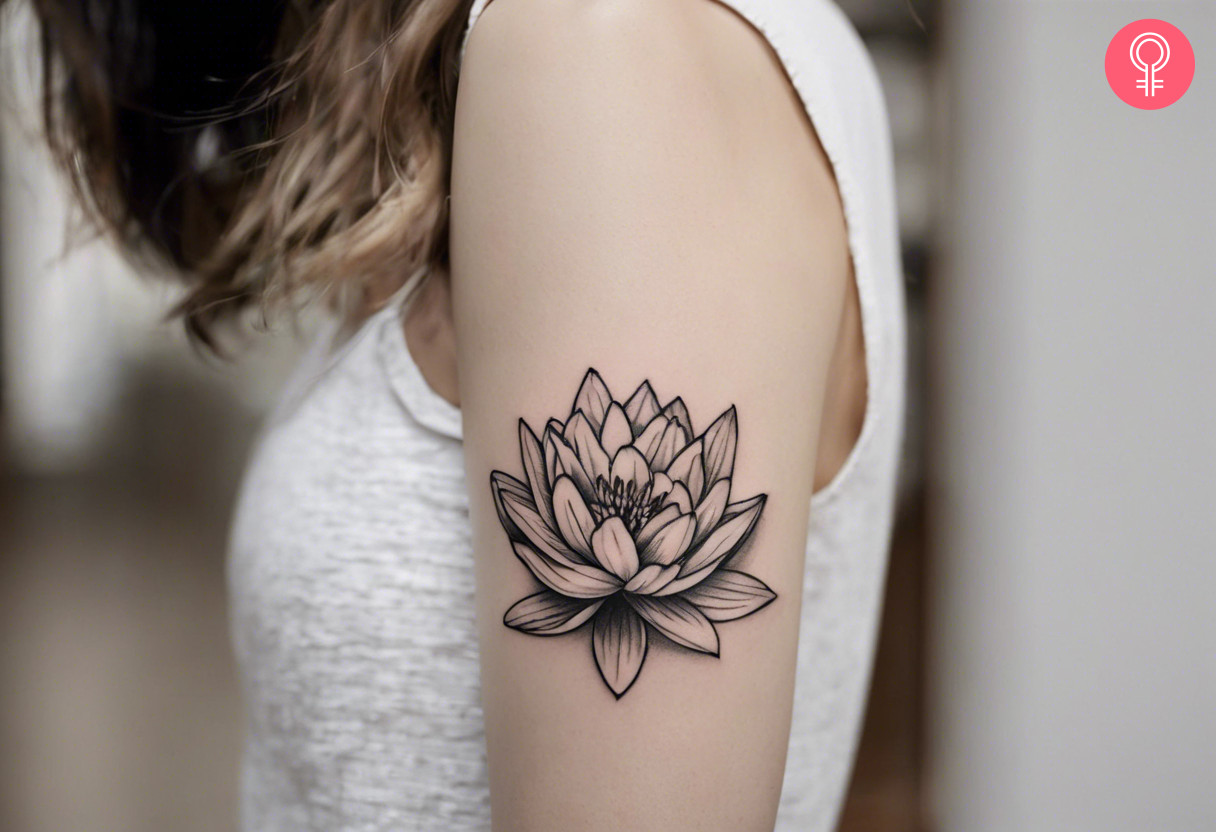 A woman with a black and white water lily tattoo on her upper arm
