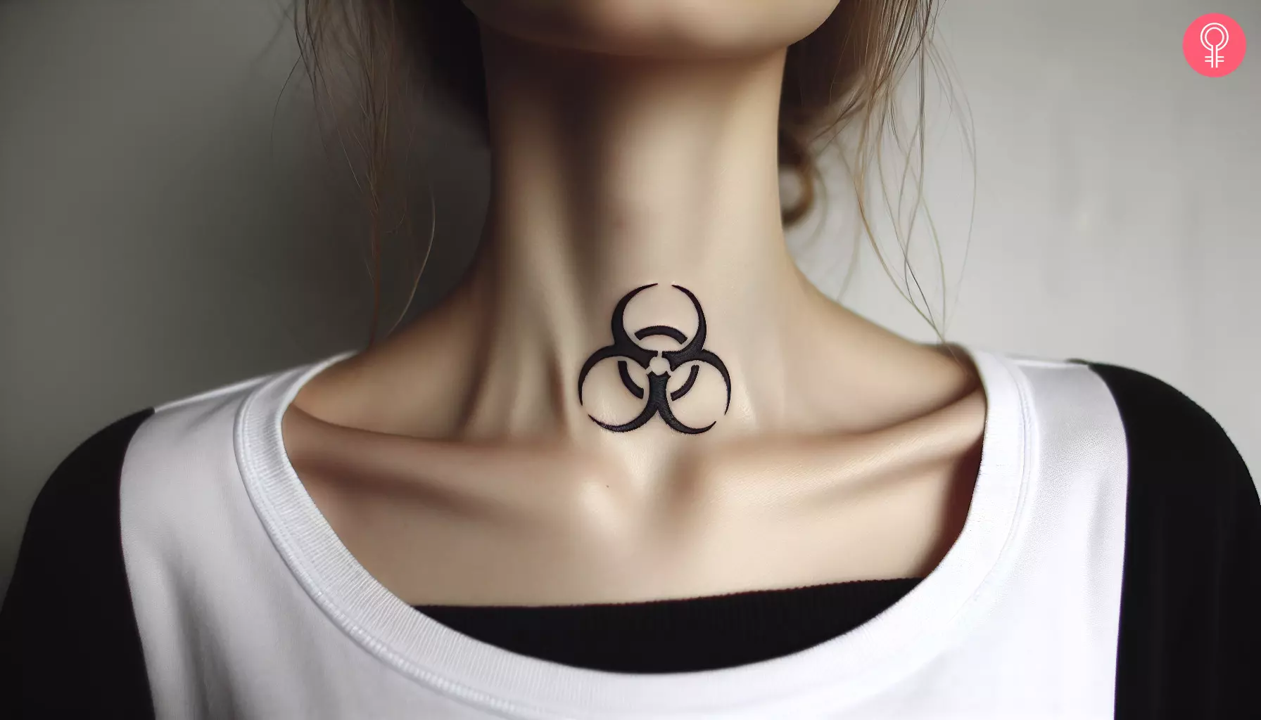 A woman with a black biohazard tattoo on her neck