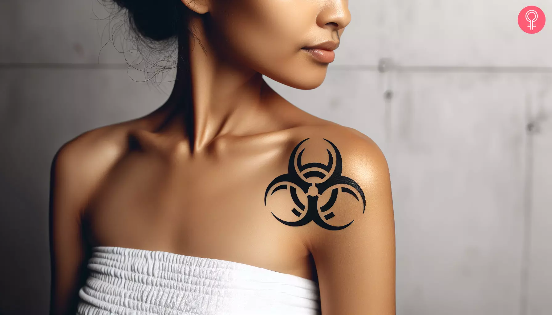 A woman with a black biohazard tattoo on her shoulder