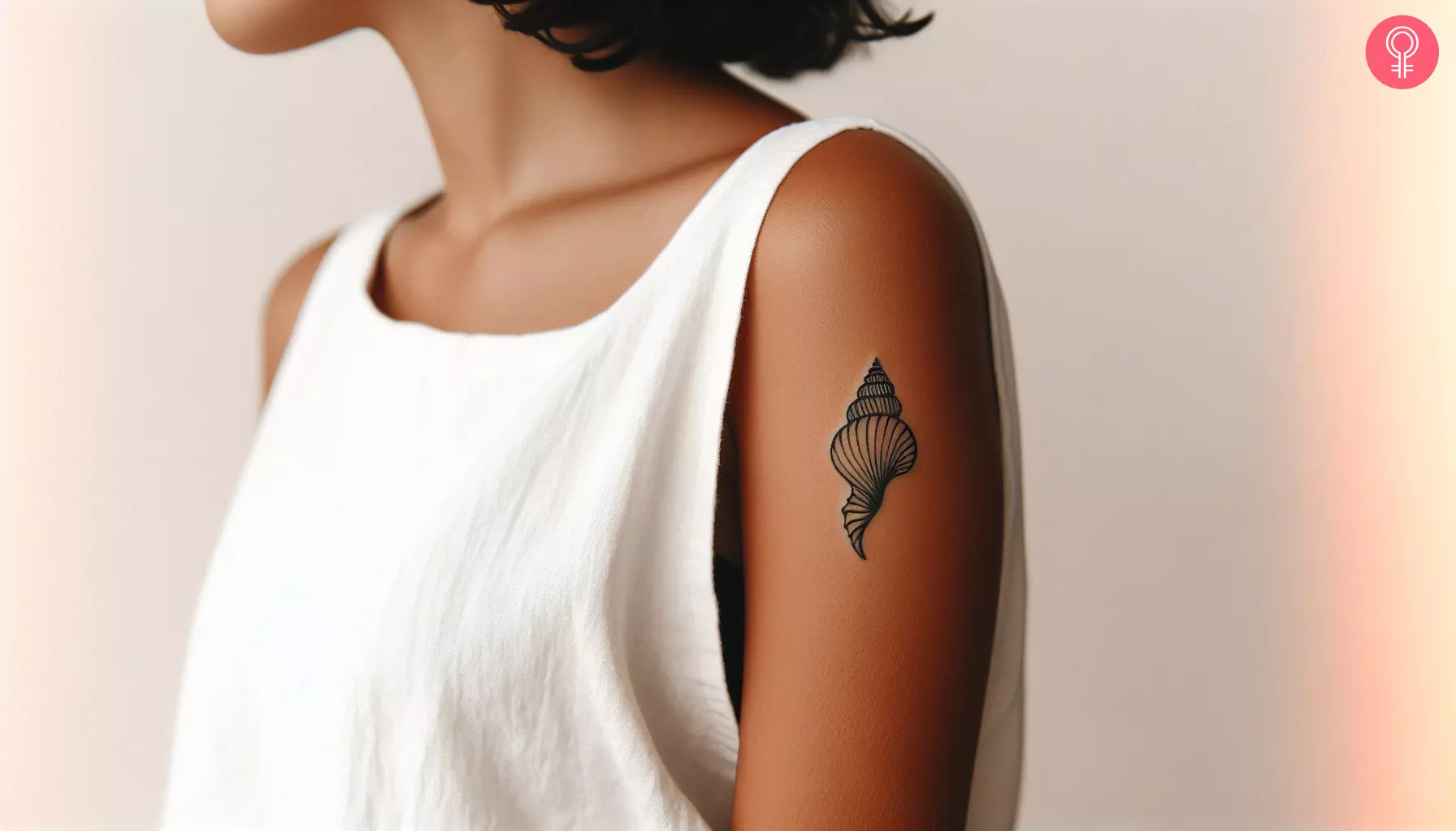 A woman with a black conch seashell tattoo on her upper arm