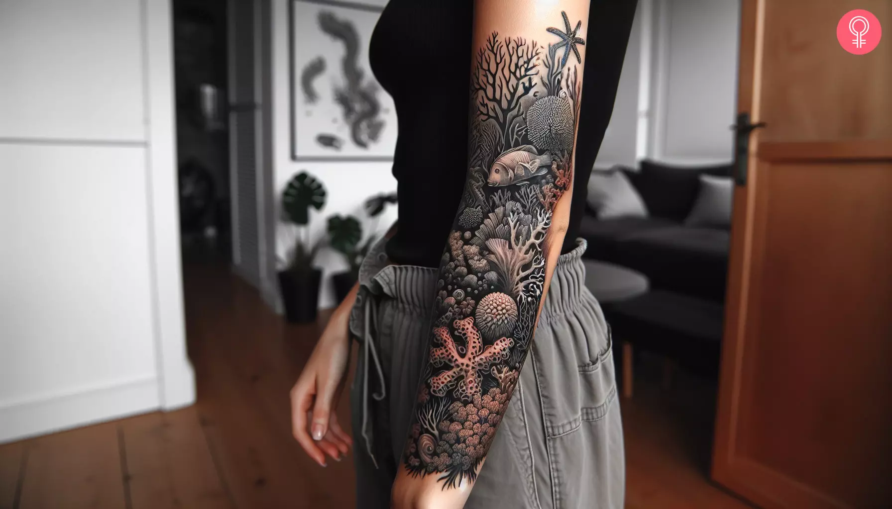 A woman with a black coral reef tattoo on her arm