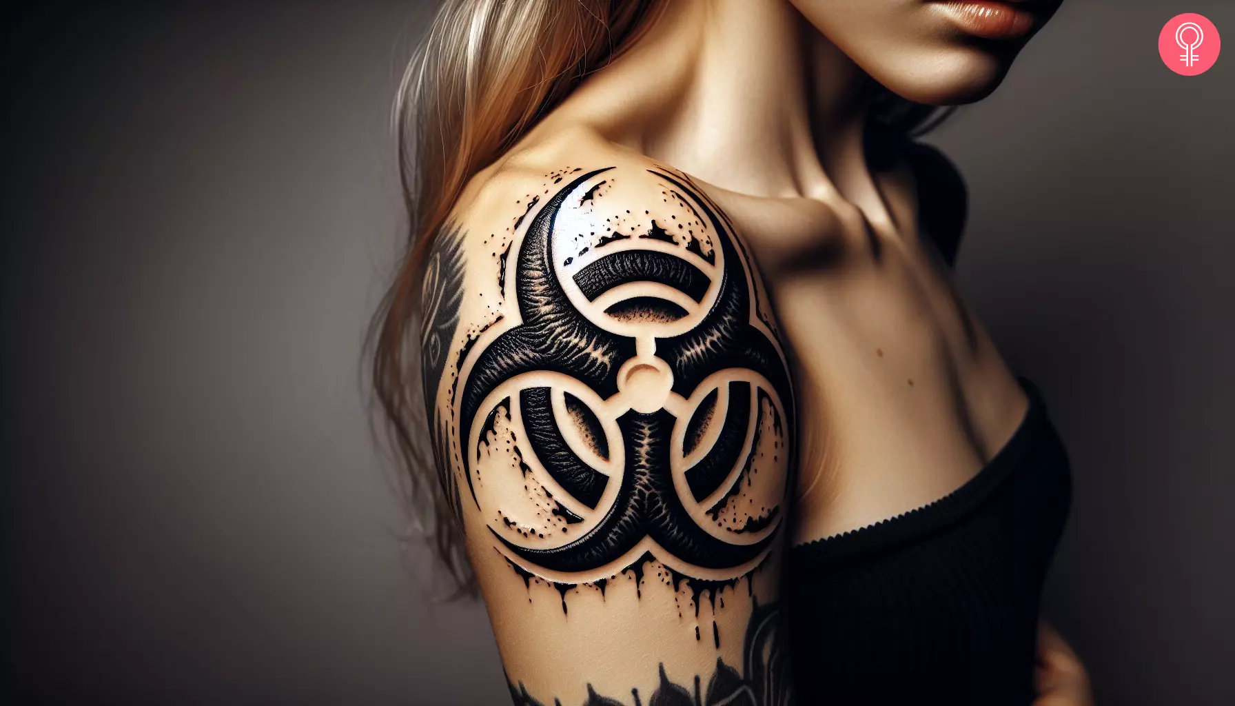 A woman with a black detailed biohazard tattoo on her upper arm