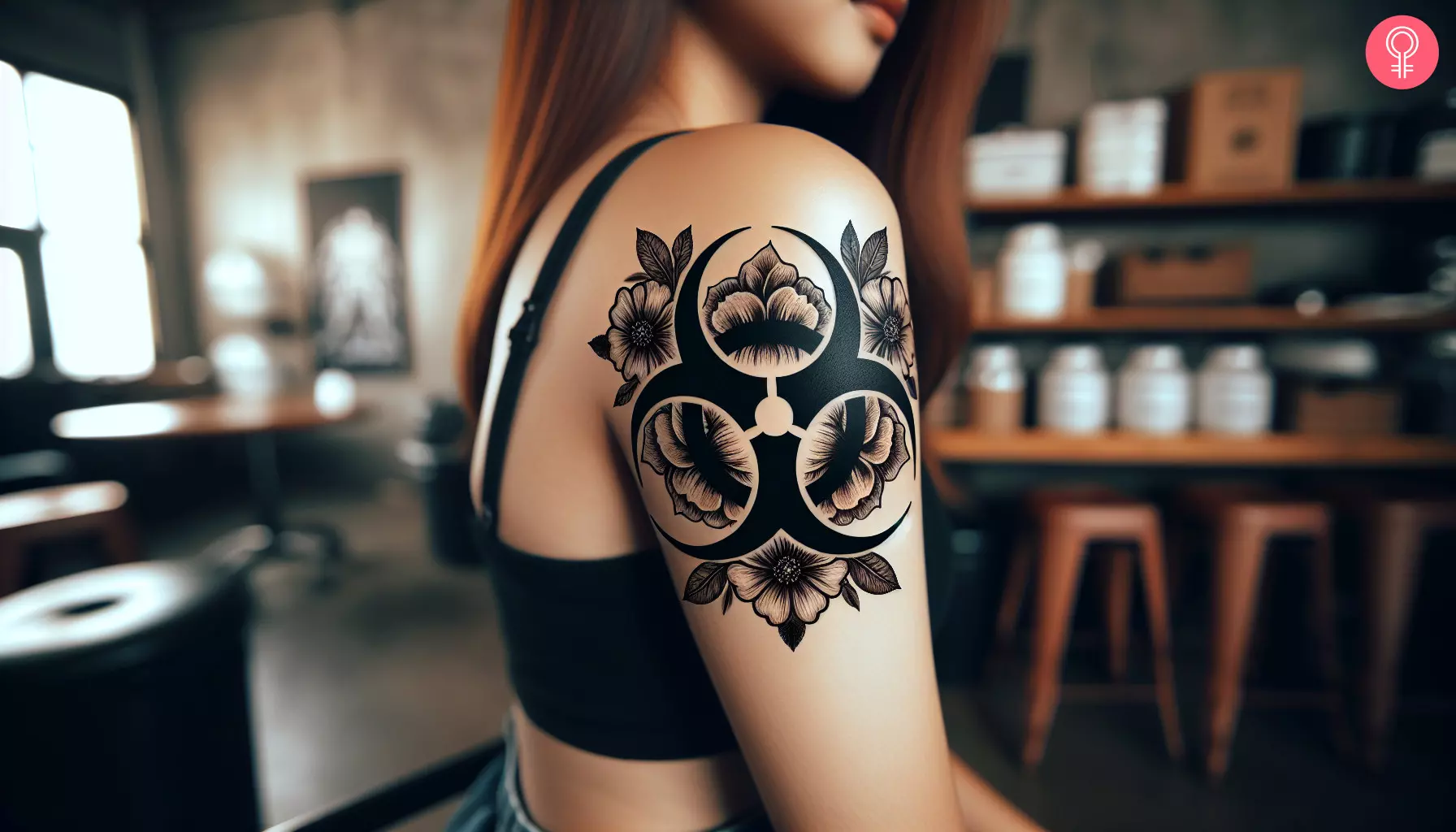 A woman with a black floral biohazard tattoo on her upper arm