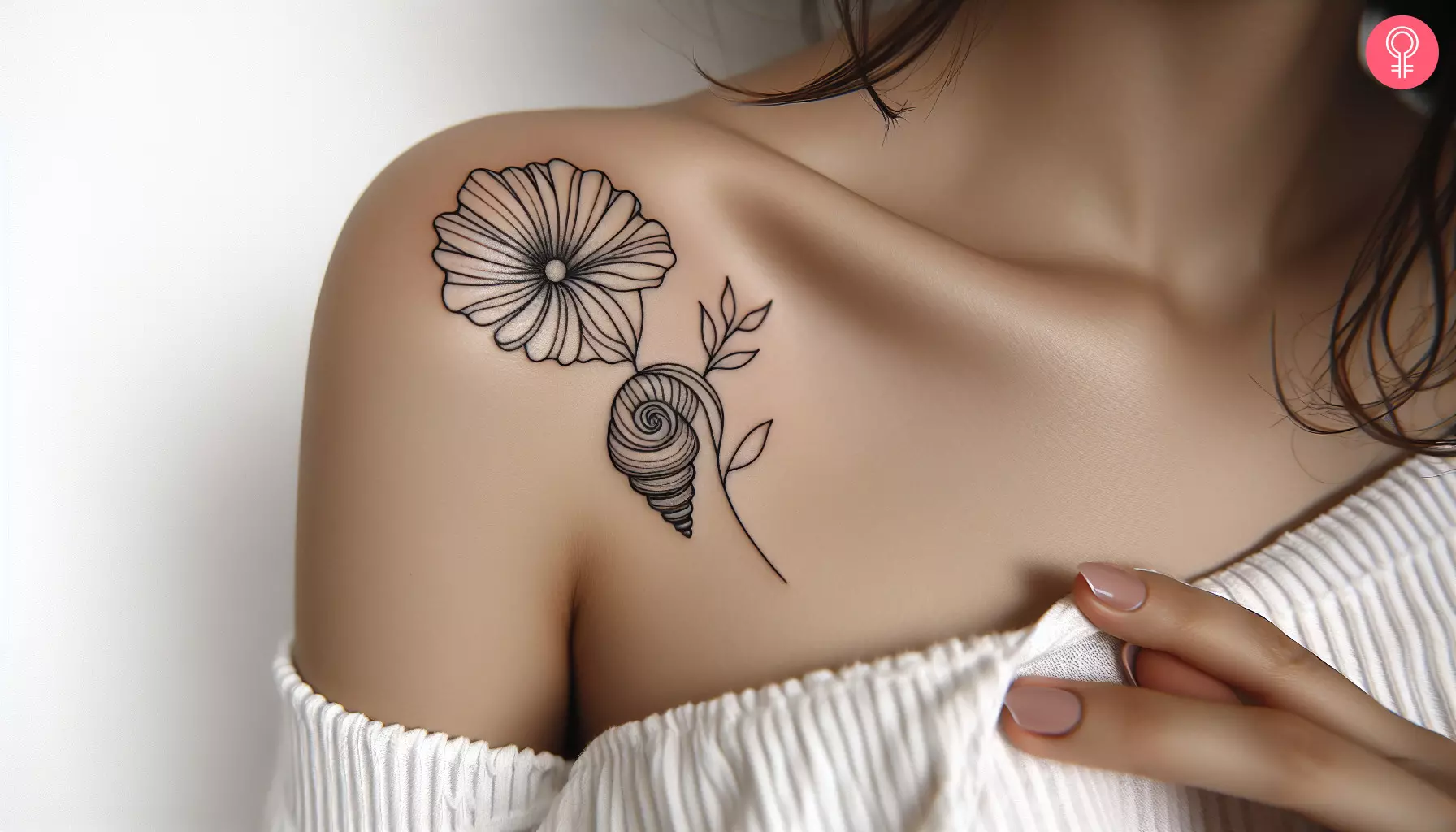 A woman with a black seashell and flower tattoo near her shoulder