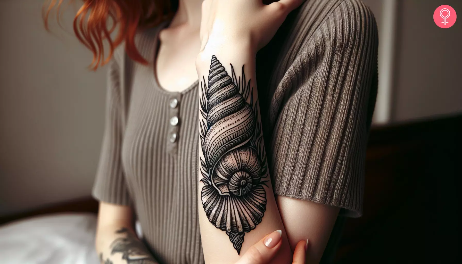 A woman with a black traditional seashell tattoo on her forearm