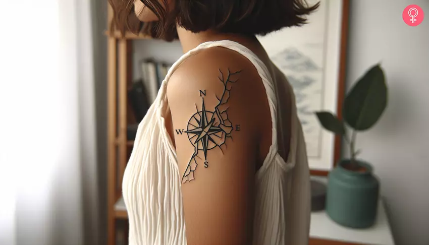 A woman with a broken compass tattoo on the upper arm