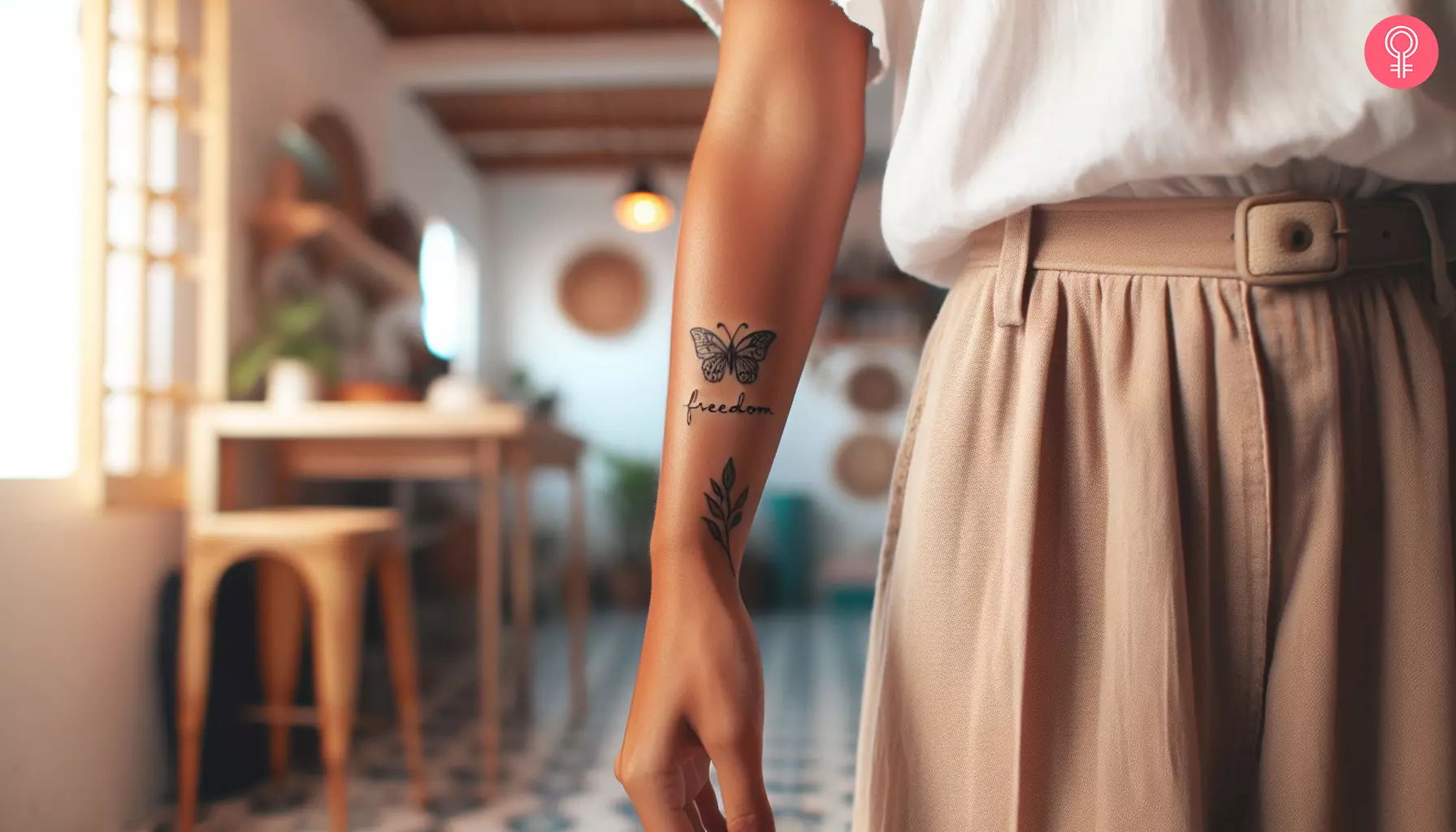 A woman with a butterfly freedom tattoo on her lower arm