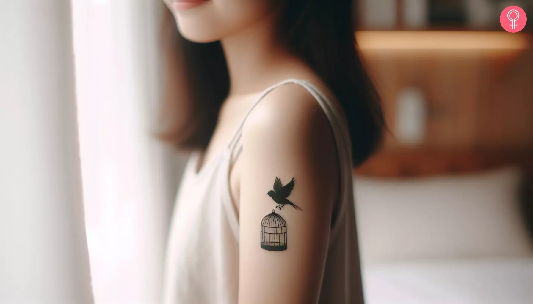 A woman with a caged bird freedom tattoo on the upper arm