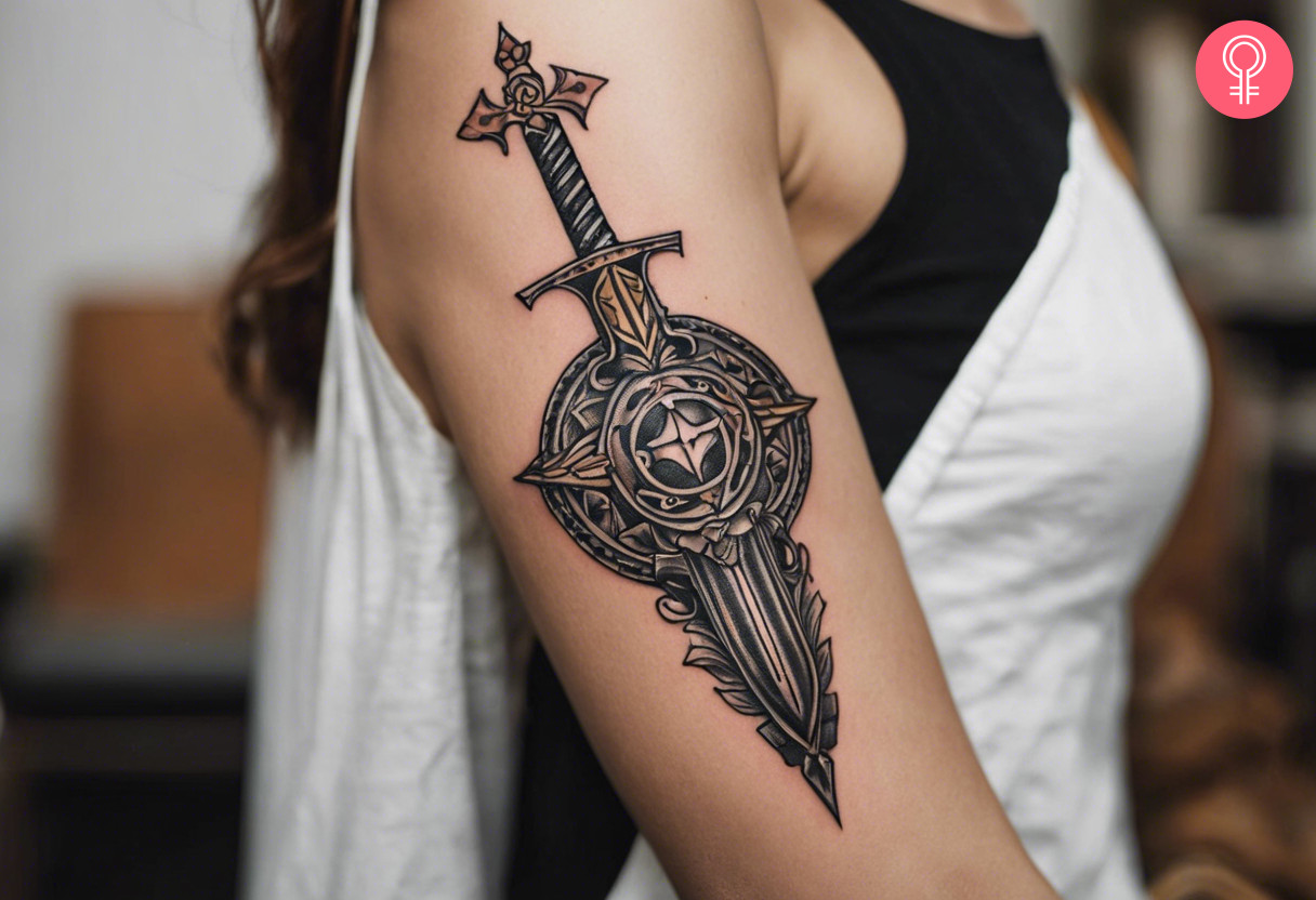 A woman with a classic sword and shield tattoo on the upper arm