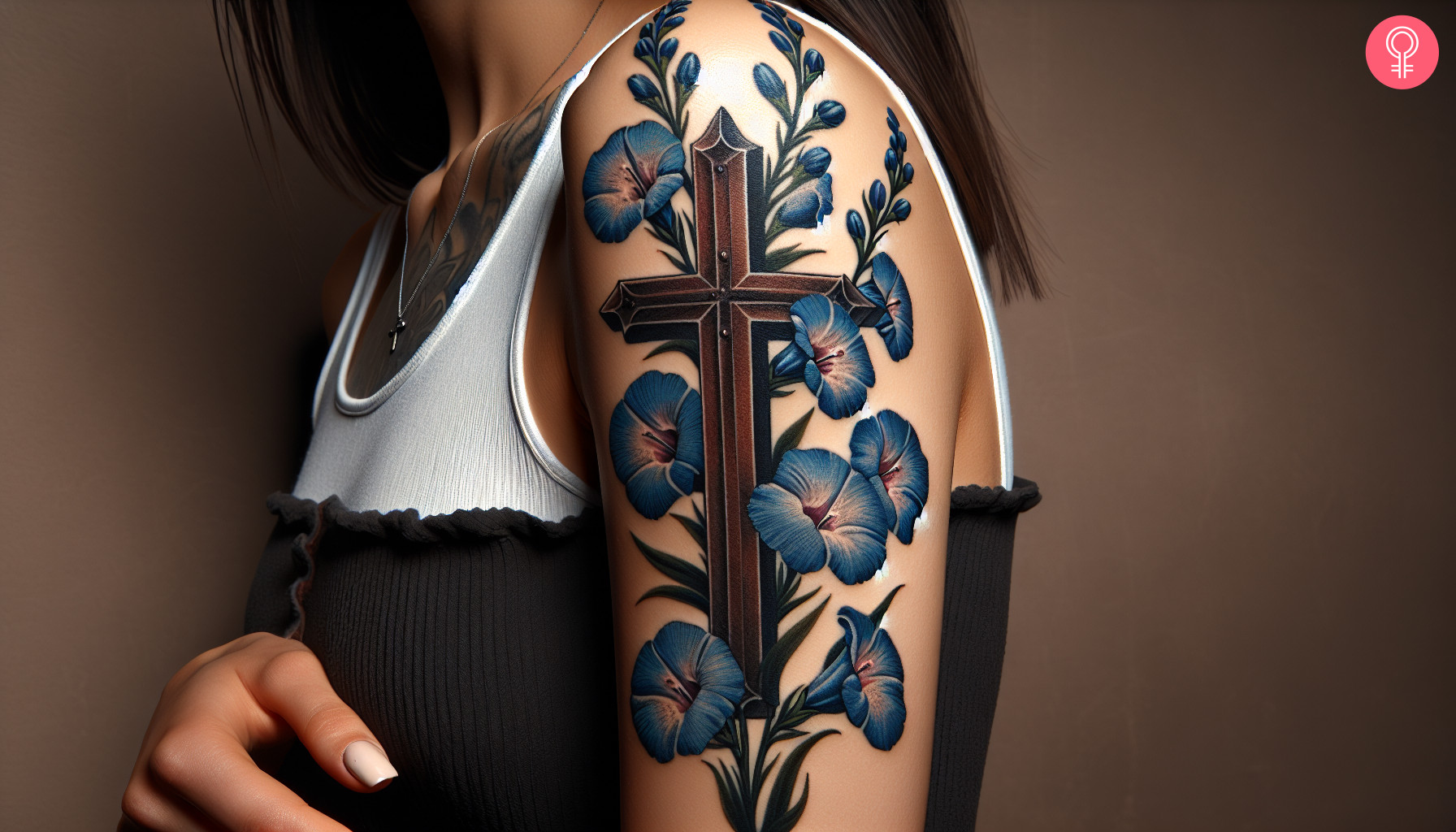 A woman with a colored larkspur and cross tattoo on her upper arm