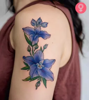 A daisy birth flower tattoo on the upper arm