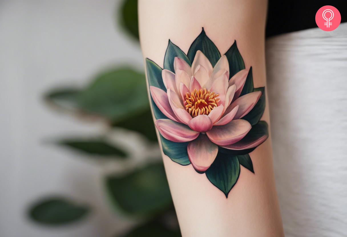 A woman with a colored water lily tattoo on her arm