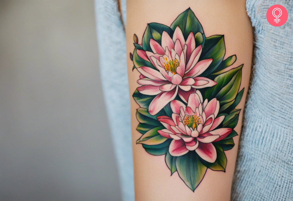 A woman with a colored water lily tattoo on her arm