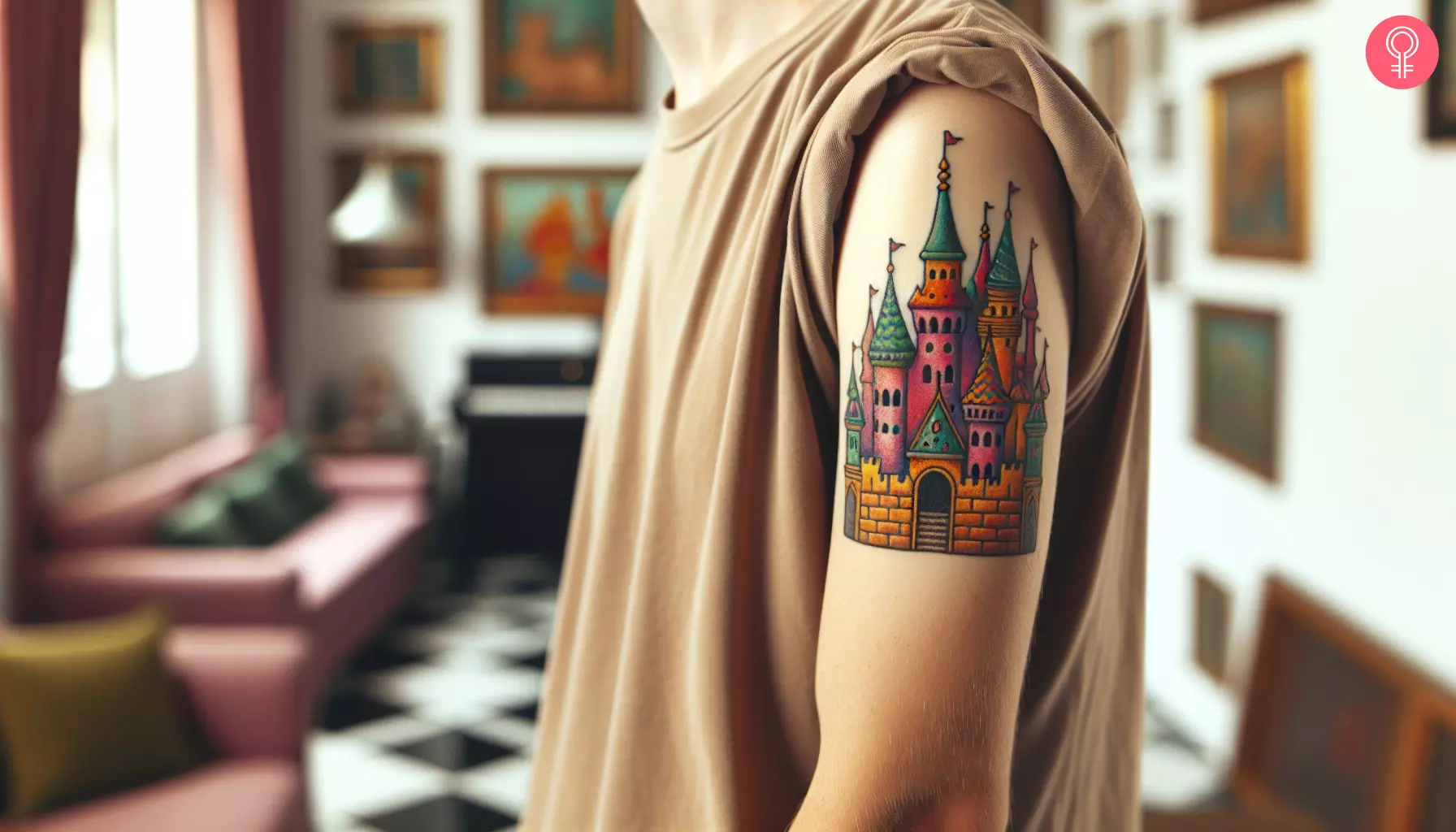 A woman with a colorful castle tattoo on her upper arm