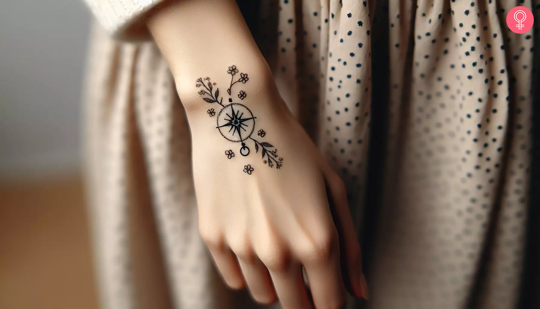 A woman with a dainty compass tattoo on the upper wrist