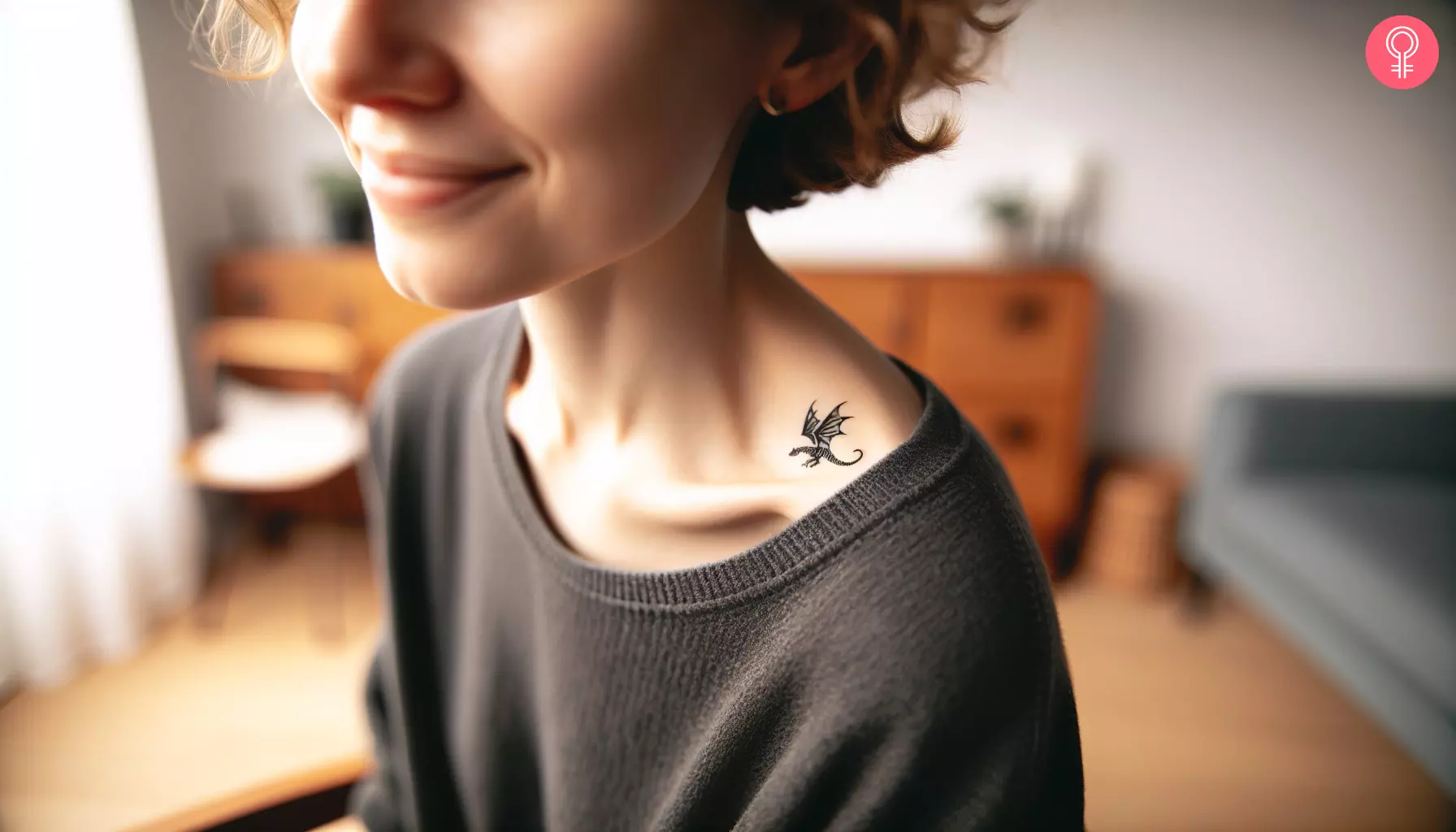 A woman with a dragon collarbone tattoo