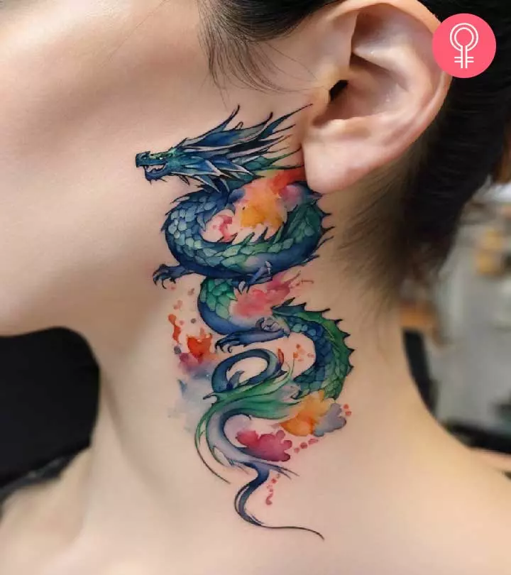 A woman with a dragon neck tattoo