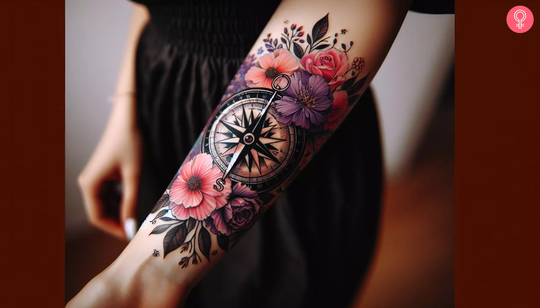 A woman with a feminine compass with flowers tattoo on the lower arm