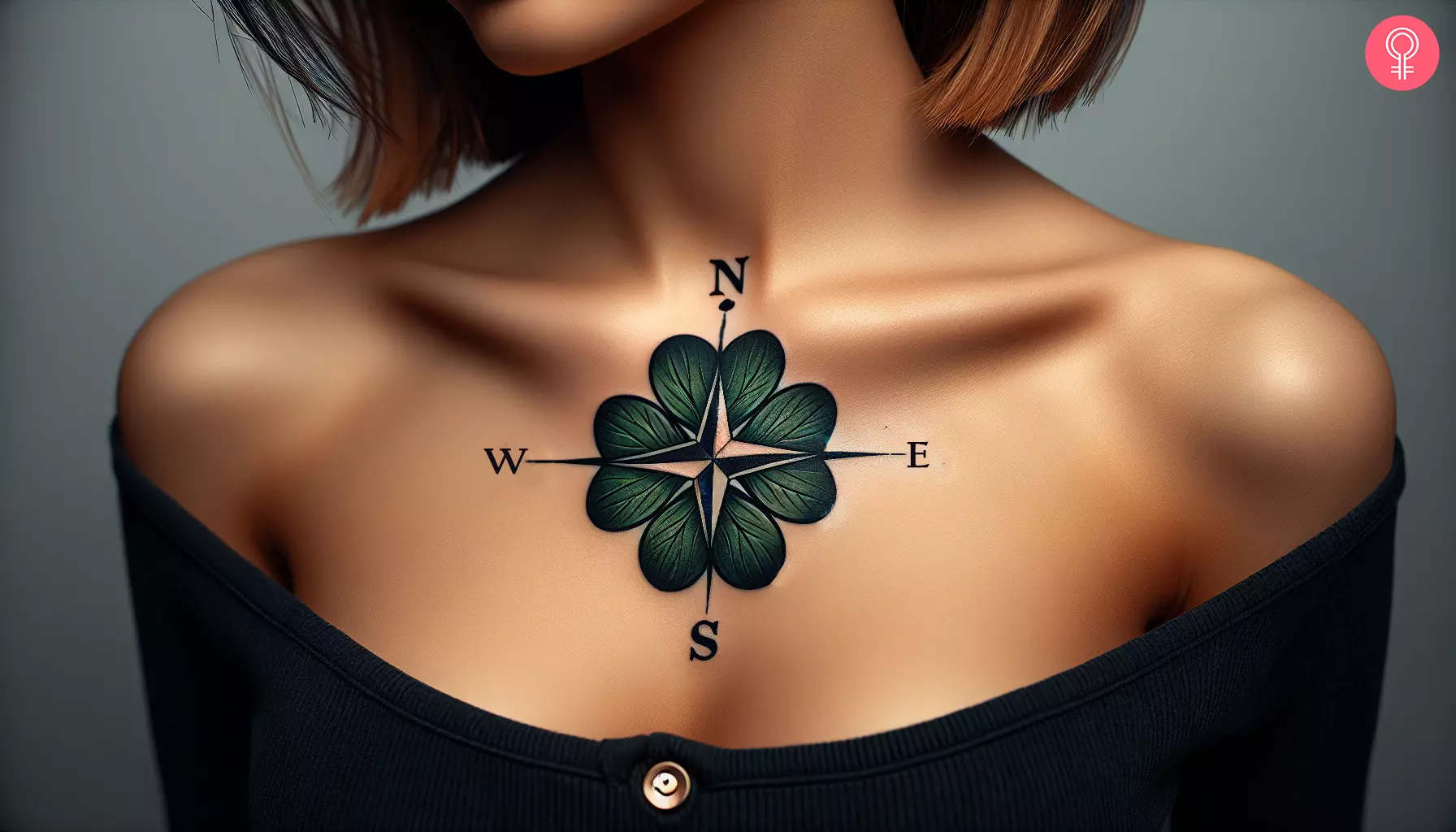 A woman with a four-leaf clover compass tattoo on the chest
