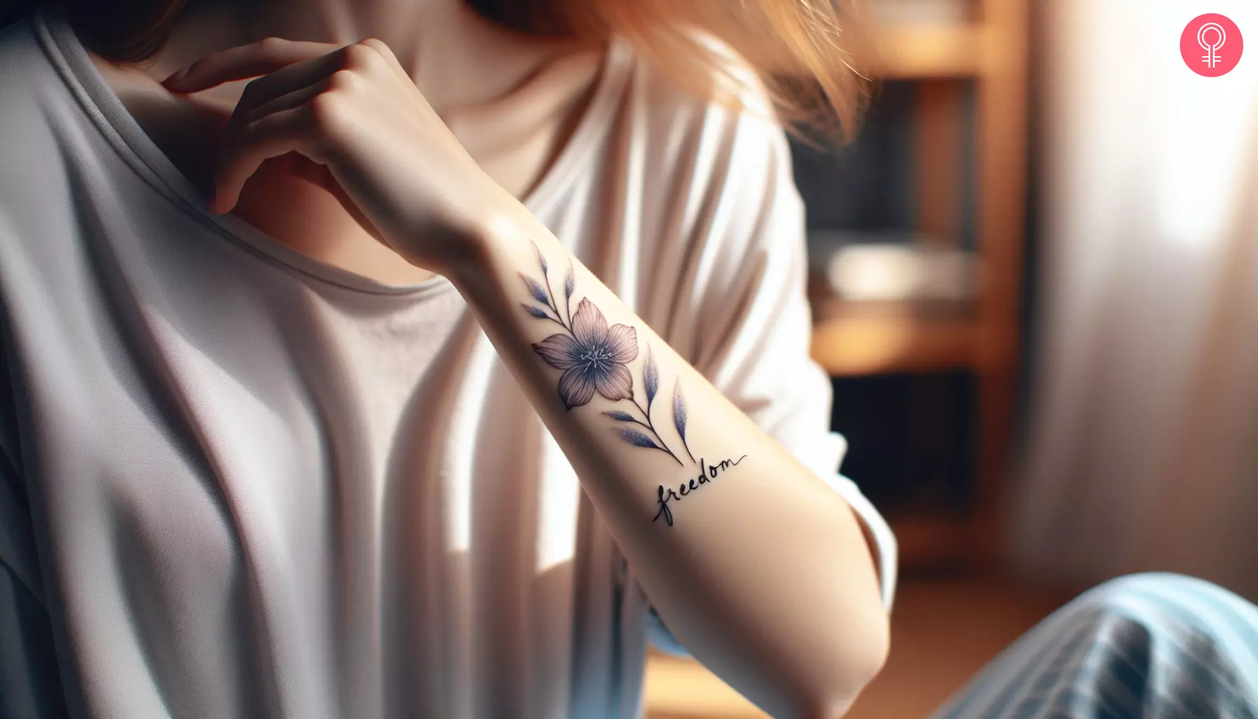 A woman with a freedom flower tattoo on her forearm