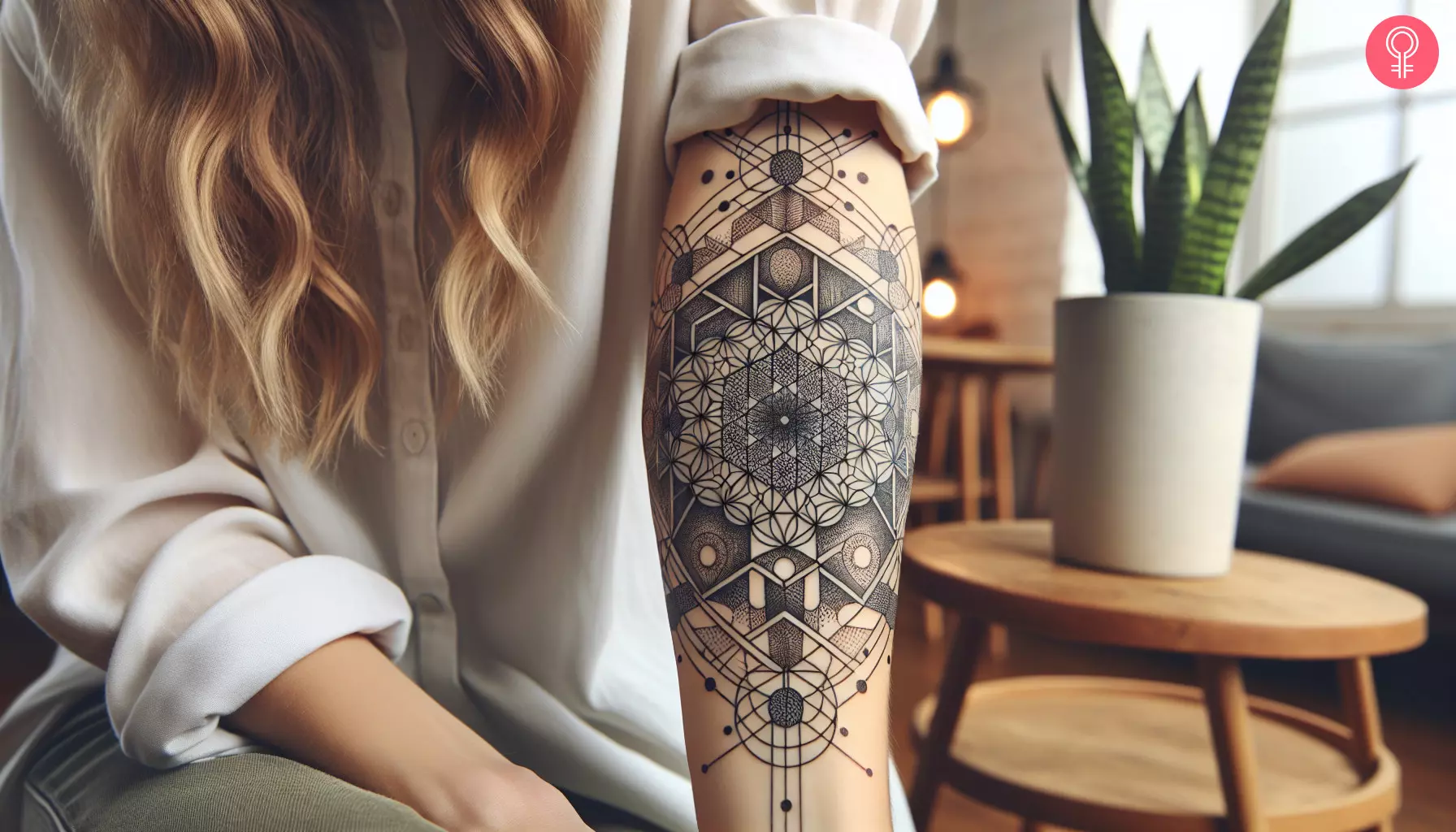 A woman with a geometric pattern tattoo on her forearm