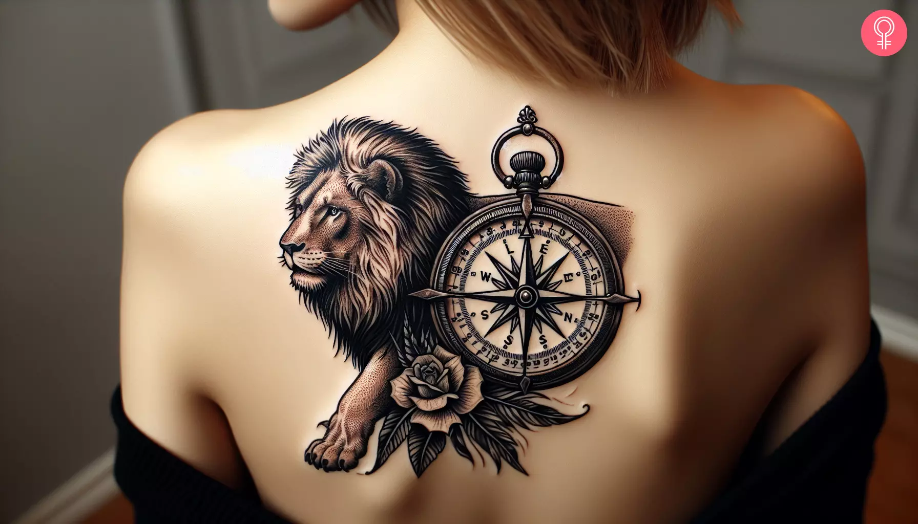 A woman with a lion compass tattoo on the upper back