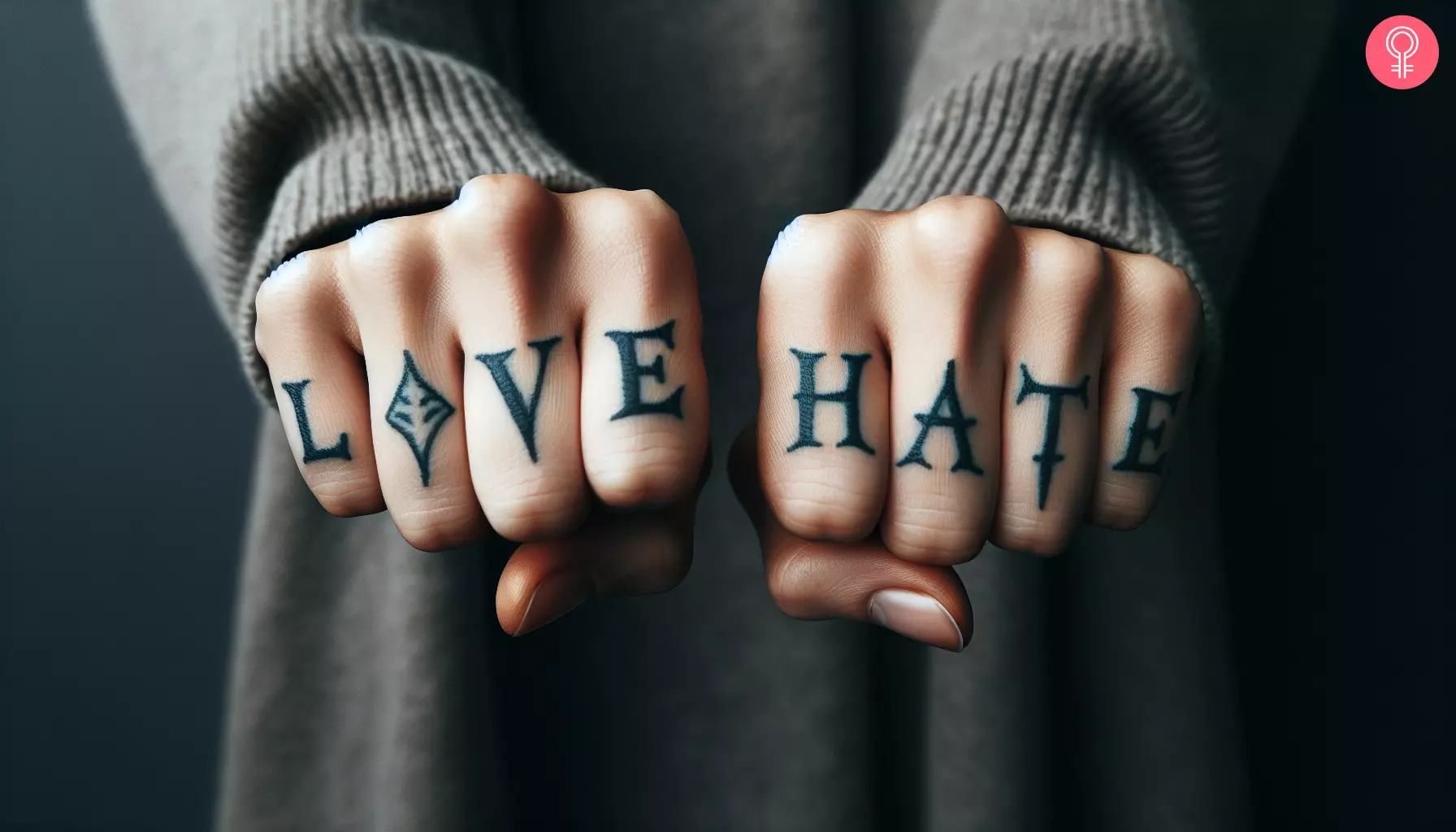 A woman with a love-hate knuckle tattoo on the fingers