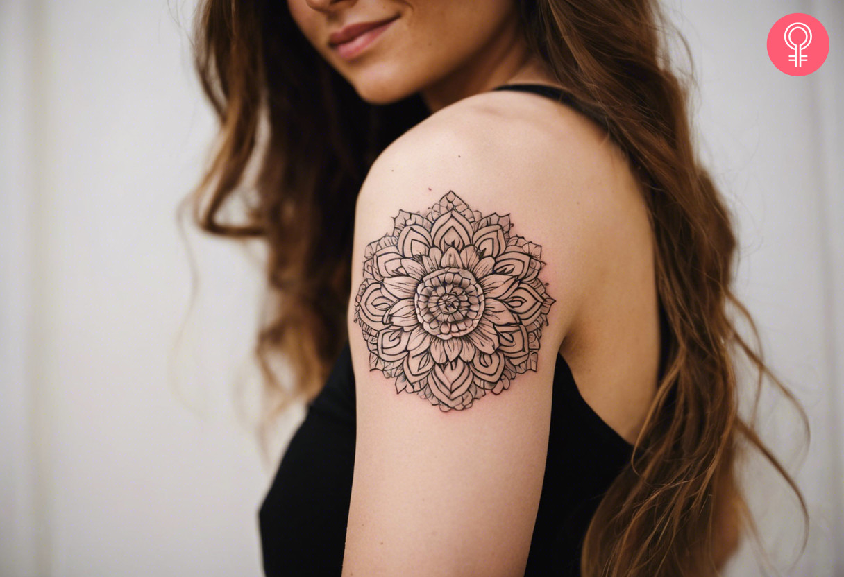 A woman with a mandala water lily tattoo on her upper arm