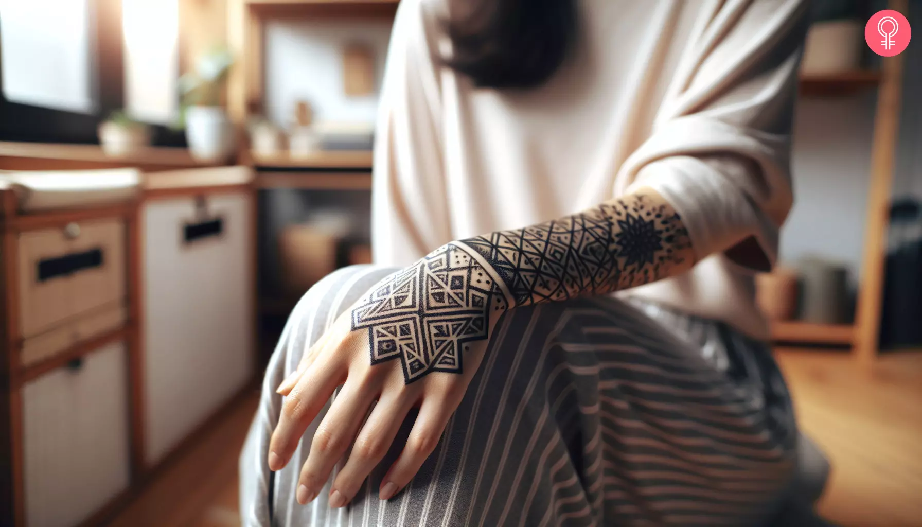 A woman with a pattern tattoo on her hand