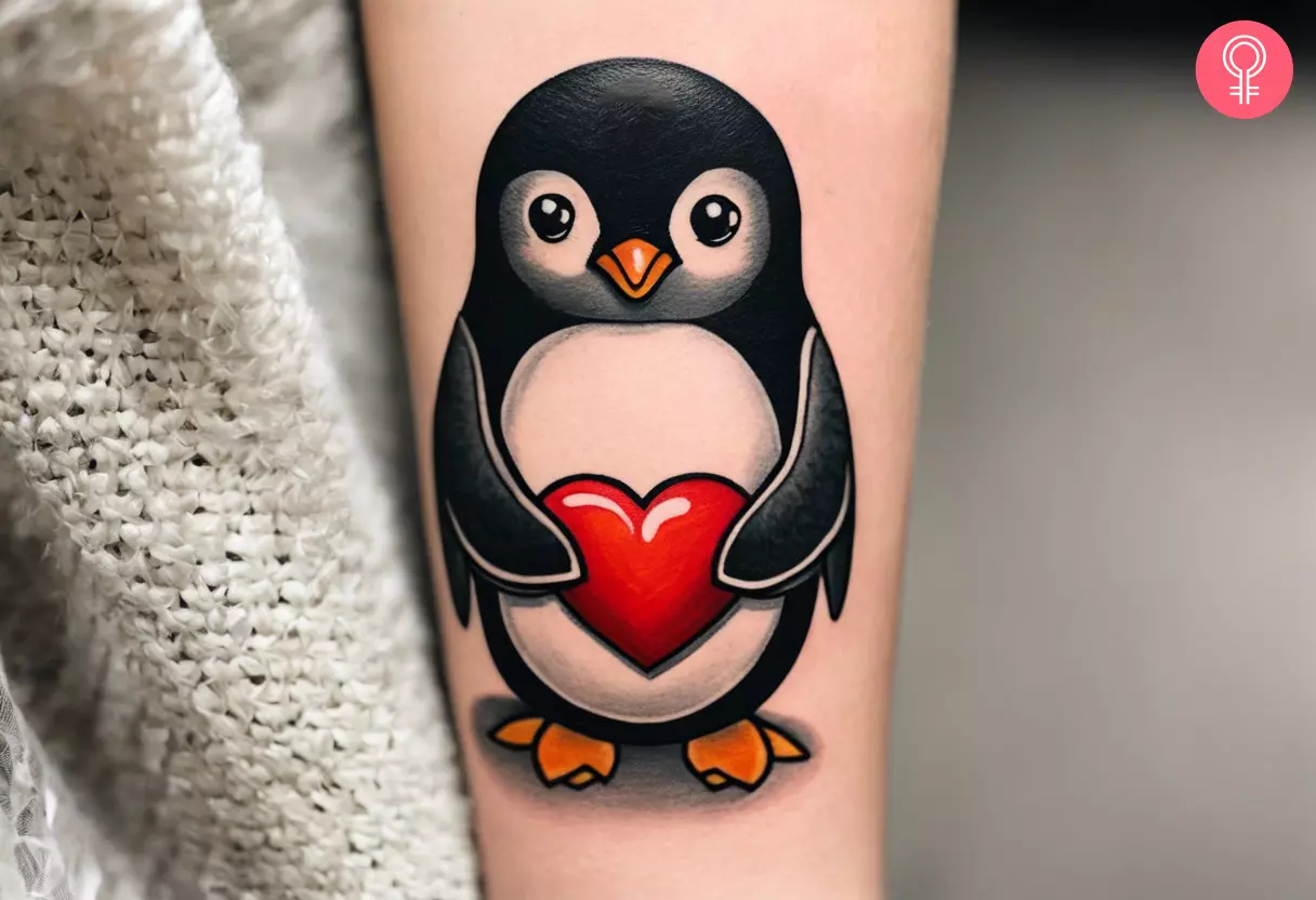 A woman with a penguin and heart tattoo on her lower arm