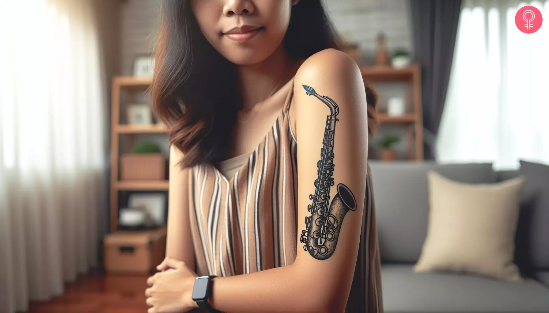 A woman with a saxophone tattoo on her arm