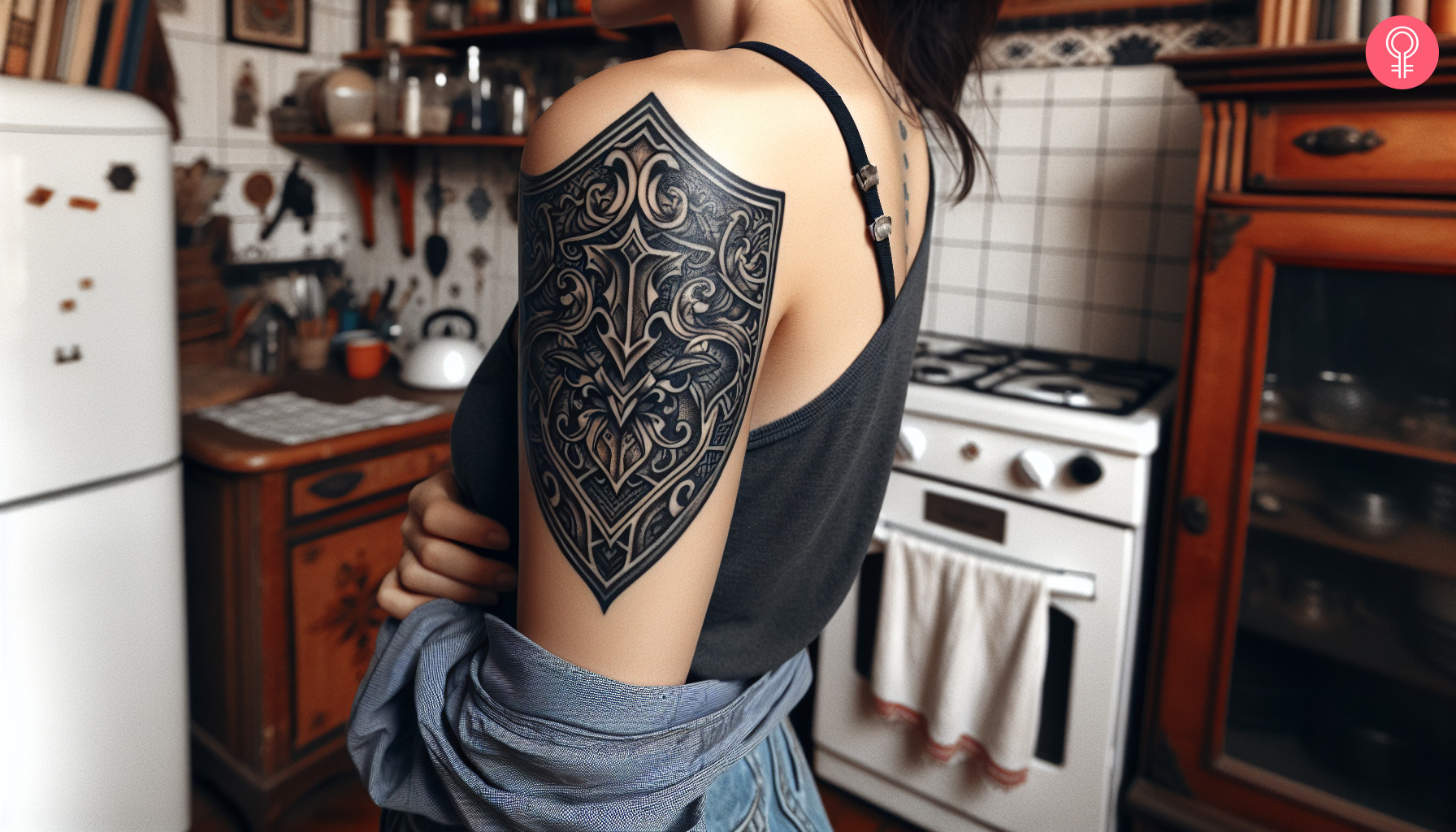 A woman with a shield tattoo on the shoulder