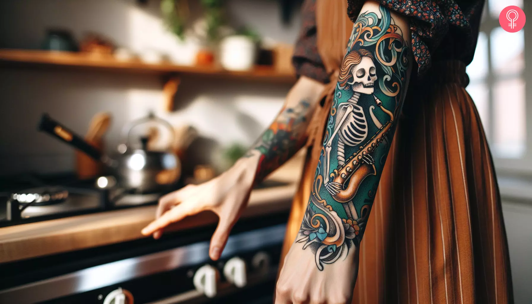 A woman with a skeleton playing saxophone tattoo on her forearm