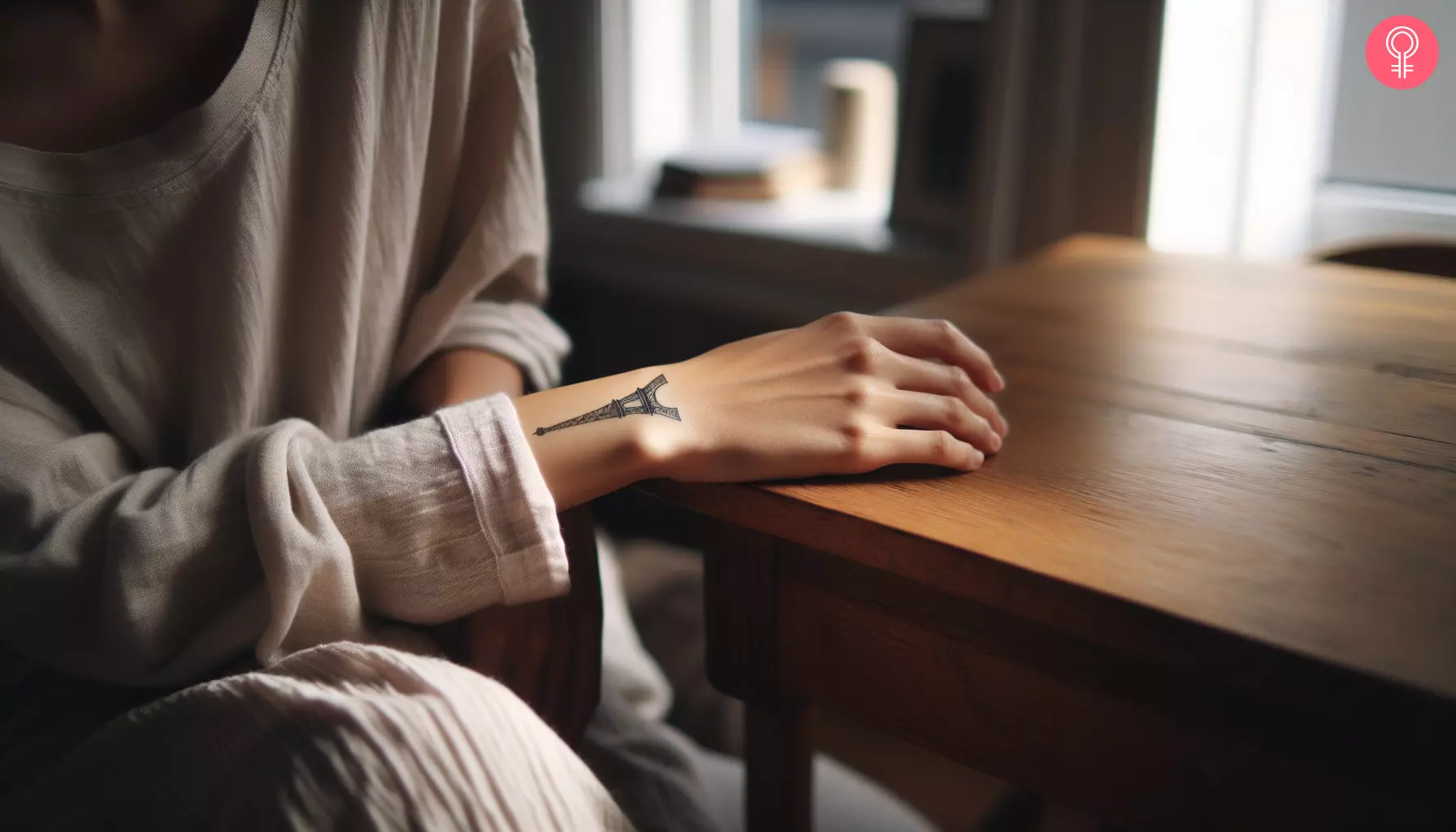 A woman with a small Eiffel Tower tattoo on her wrist