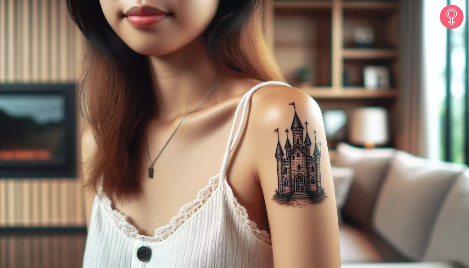 A woman with a small medieval black castle tattoo on her upper arm