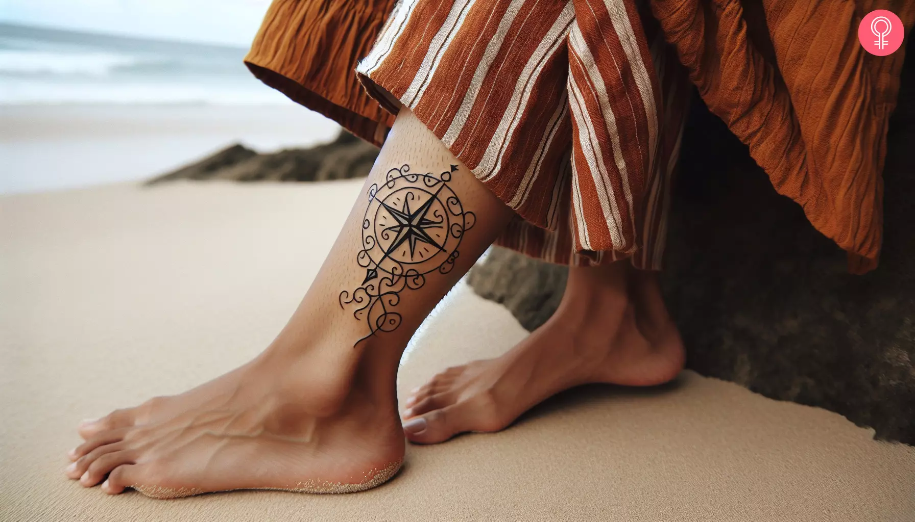 A woman with a squiggly line compass tattoo on the lower leg