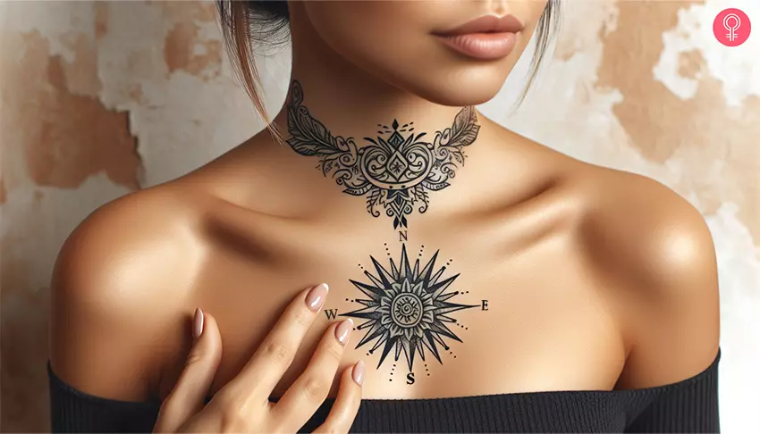 A woman with a sun compass tattoo on the front neck