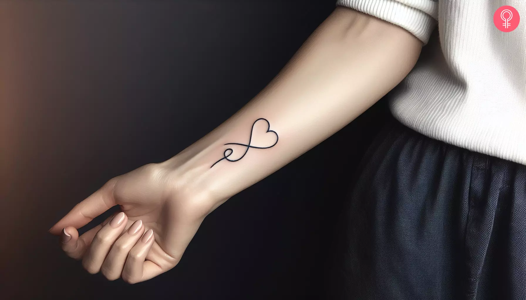 A woman with a swirl heart tattoo on the lower arm