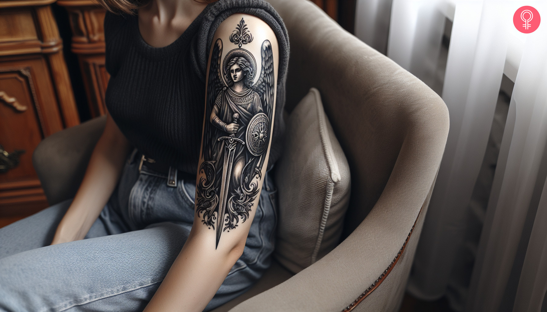 A woman with a tattoo of St. Michael holding a sword and shield