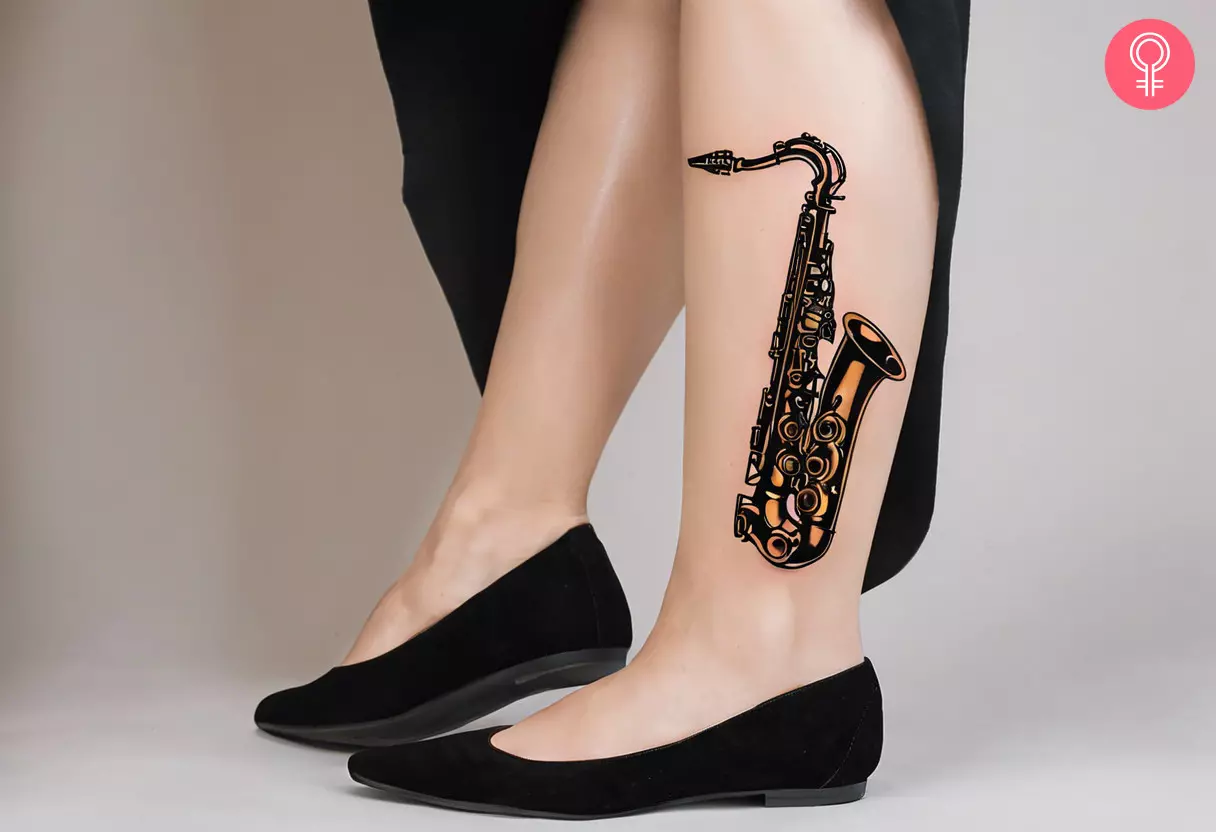 A woman with a tenor saxophone tattoo on her calf