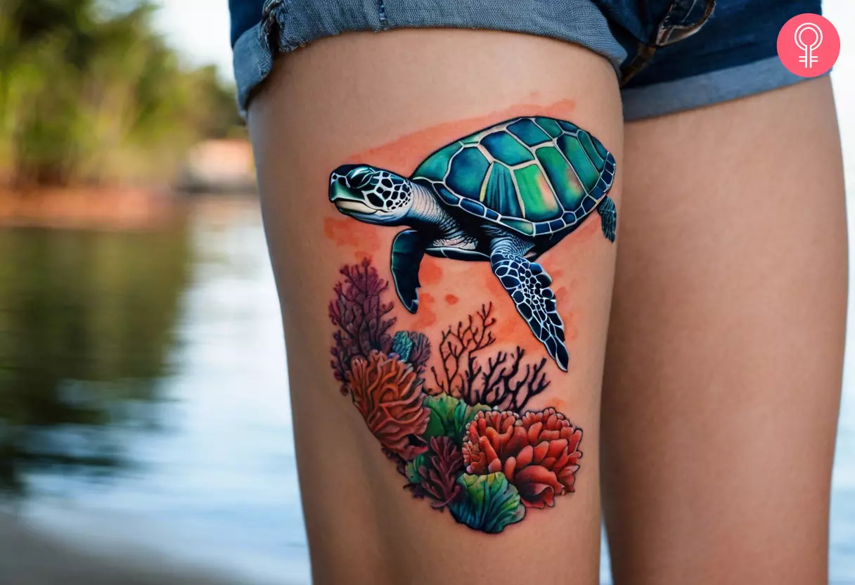 A woman with a turtle and coral reef tattoo on her thigh