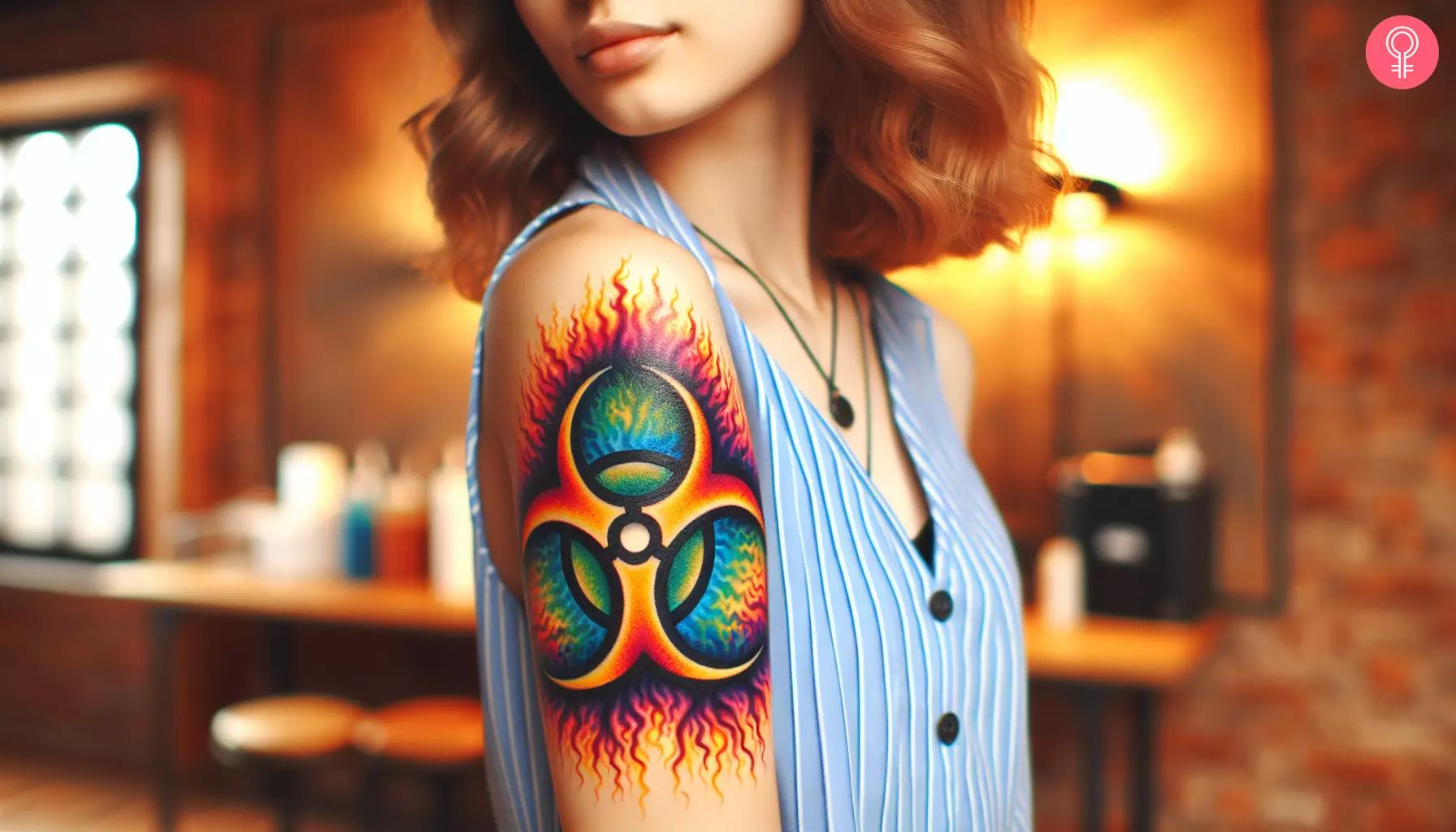 A woman with a vibrant biohazard tattoo on her upper arm