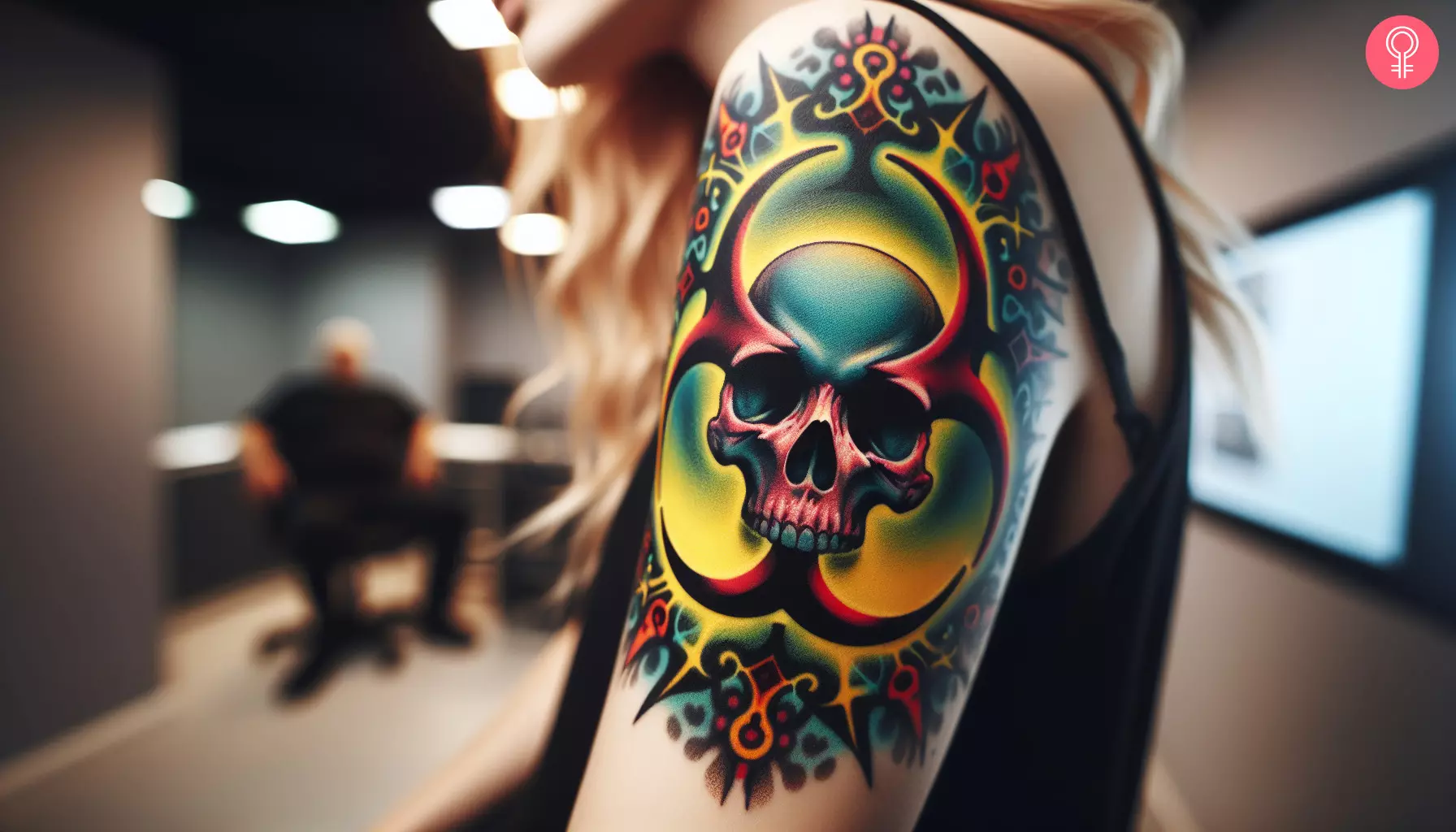 A woman with a vibrant biohazard with skull tattoo on her upper arm