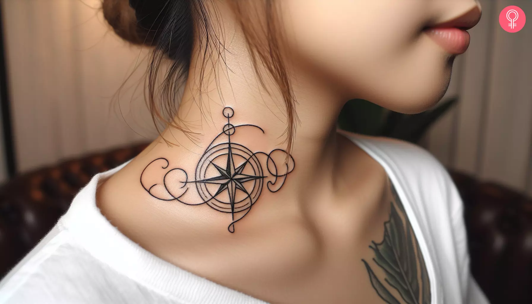 A woman with a wispy compass tattoo on the front neck