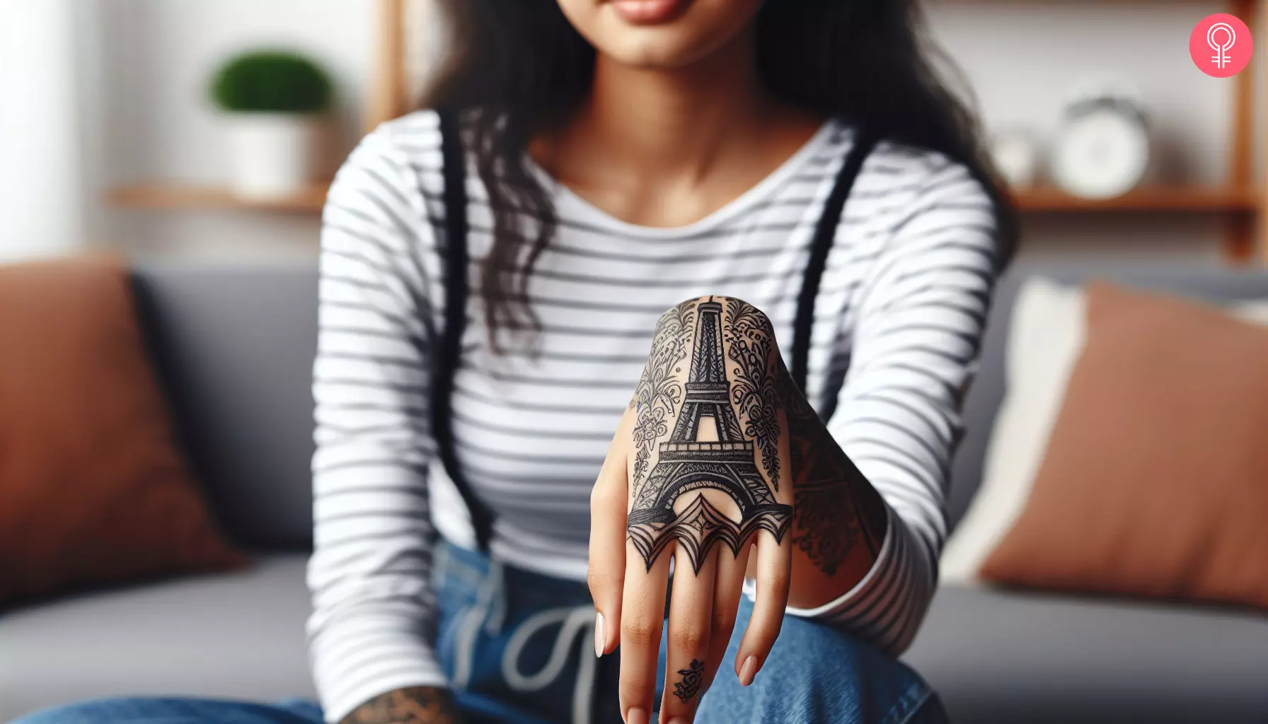 A woman with an Eiffel Tower tattoo on her hand