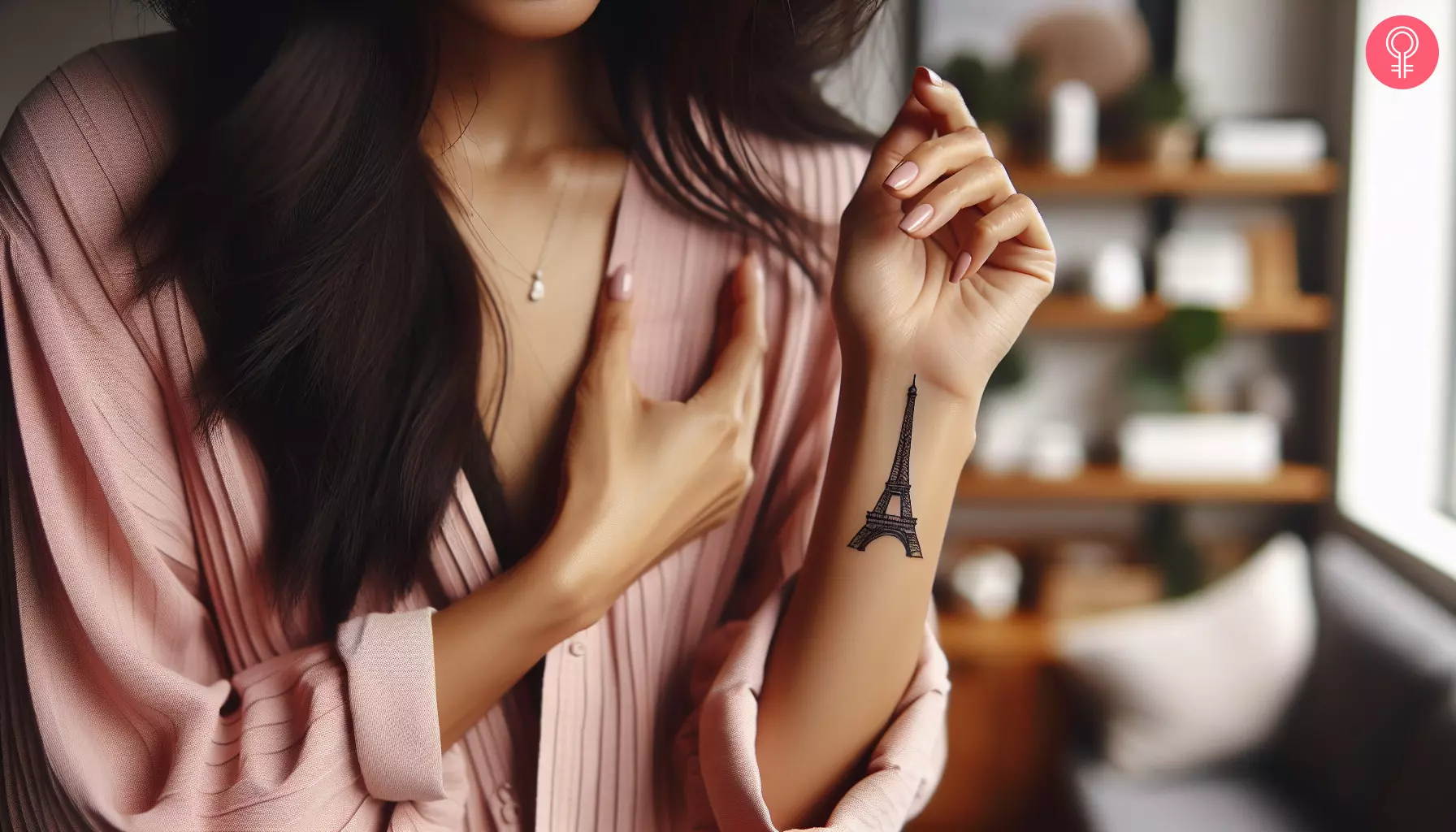 A woman with an Eiffel Tower tattoo on her wrist